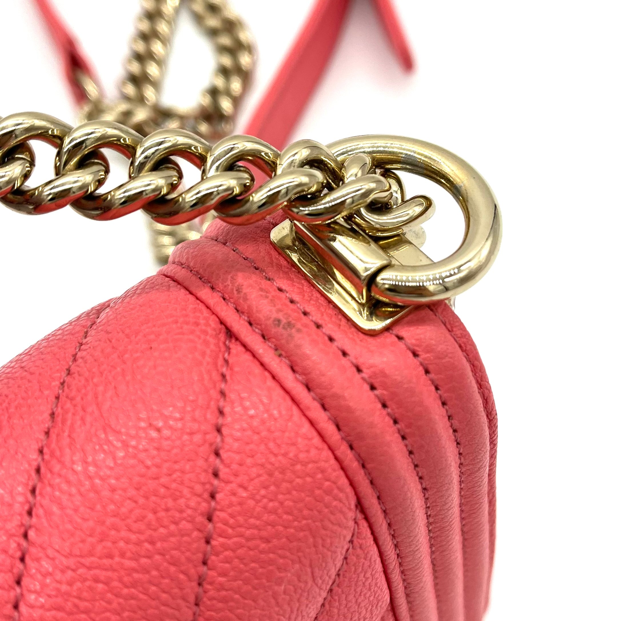 CHANEL Caviar Chevron Quilted Small Boy Flap Pink with Gold Hardware