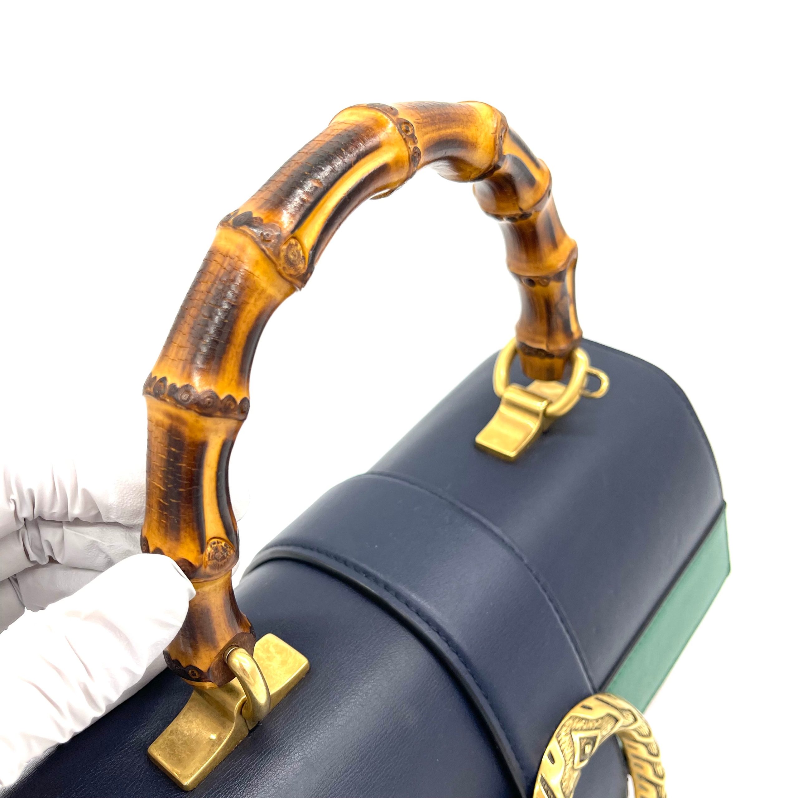 GUCCI Calfskin Bamboo Web Large Dionysus Top Handle Bag Black Bright Evergreen Hibiscus Red