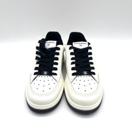 CHANEL Grained Calfskin Fabric Mens Logo Sneakers 41.5(US10.5) White Black