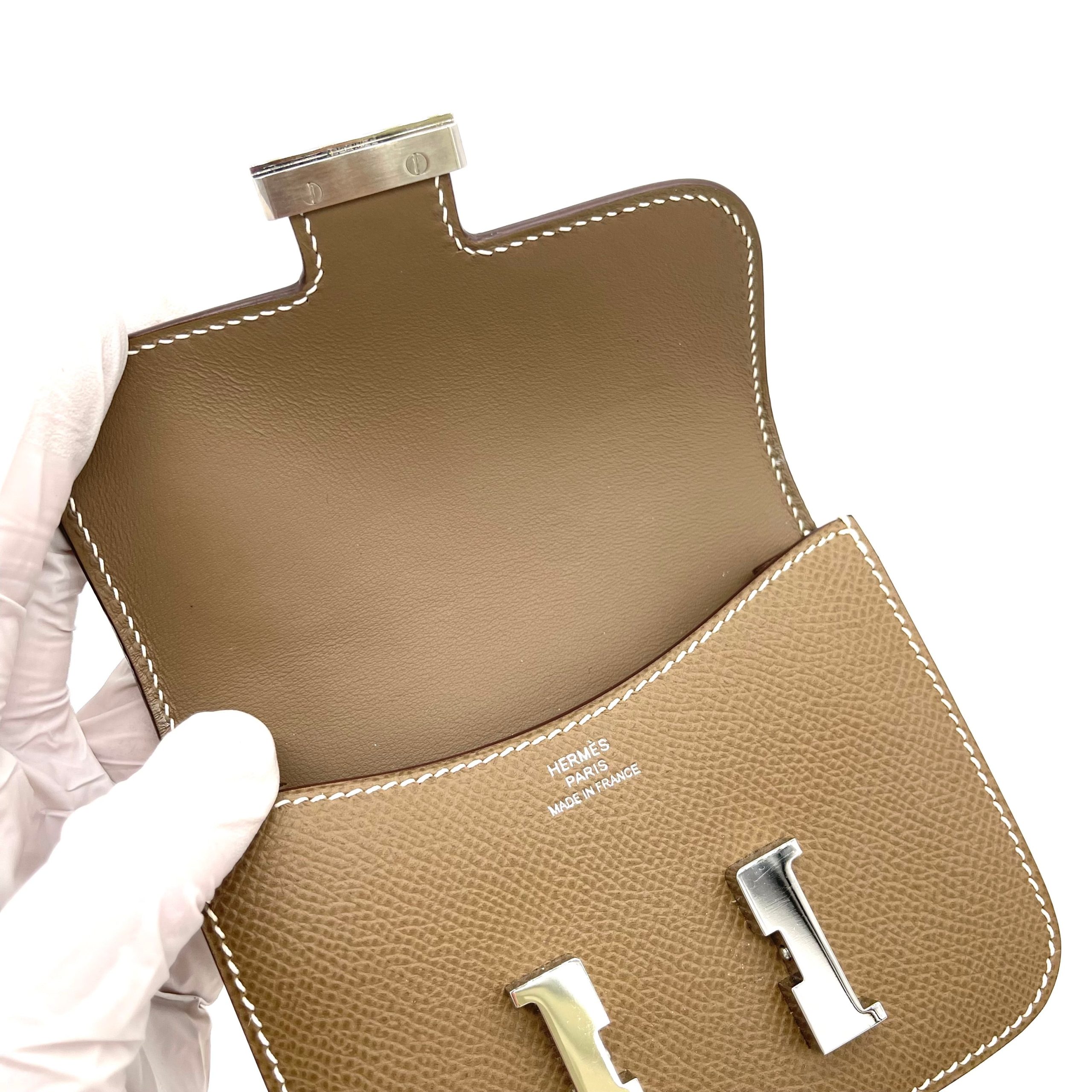 HERMES Etoupe Constance Slim Wallet Silver with Strap and Attachable to belt