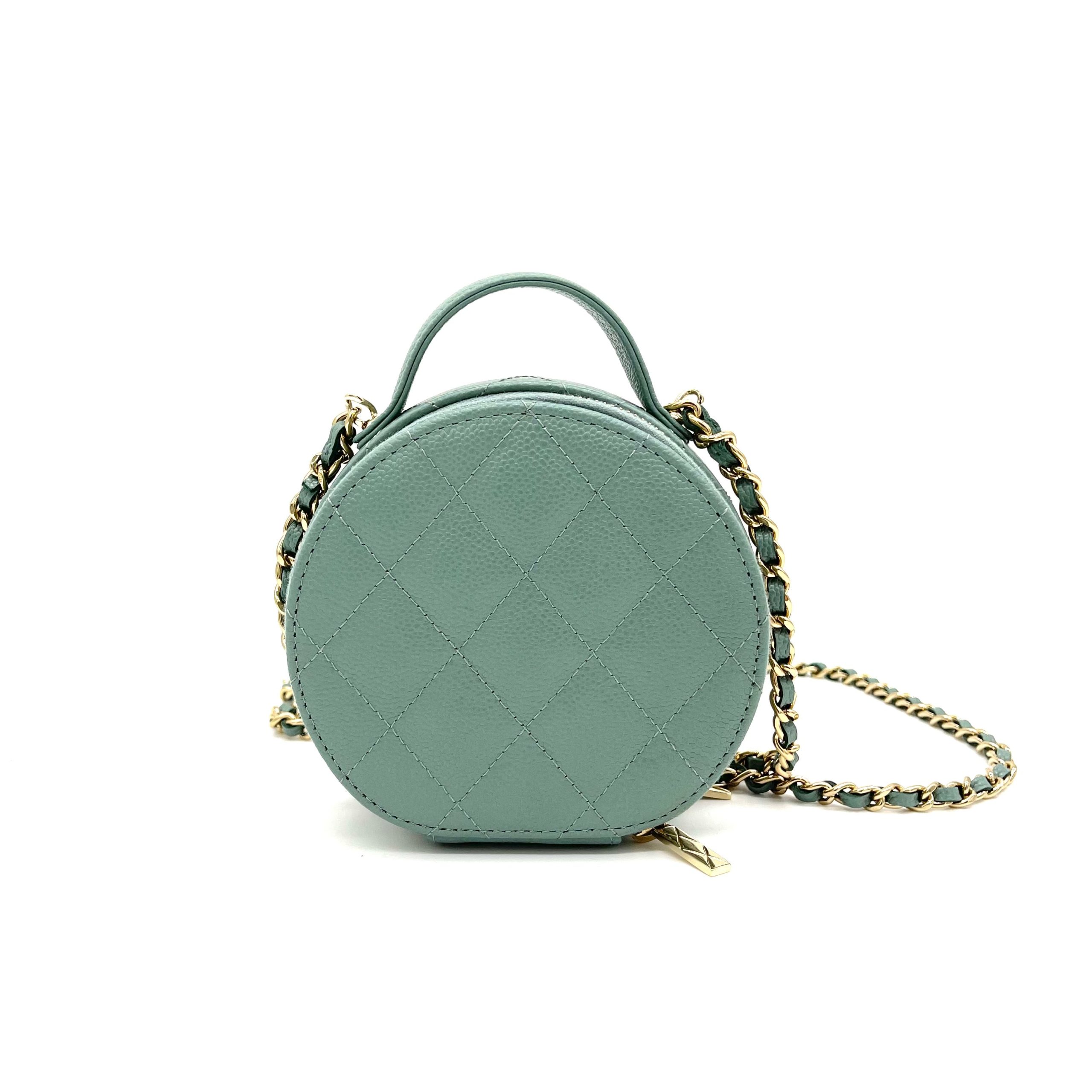 CHANEL Caviar Quilted Round Handle With Care Vanity With Chain Green