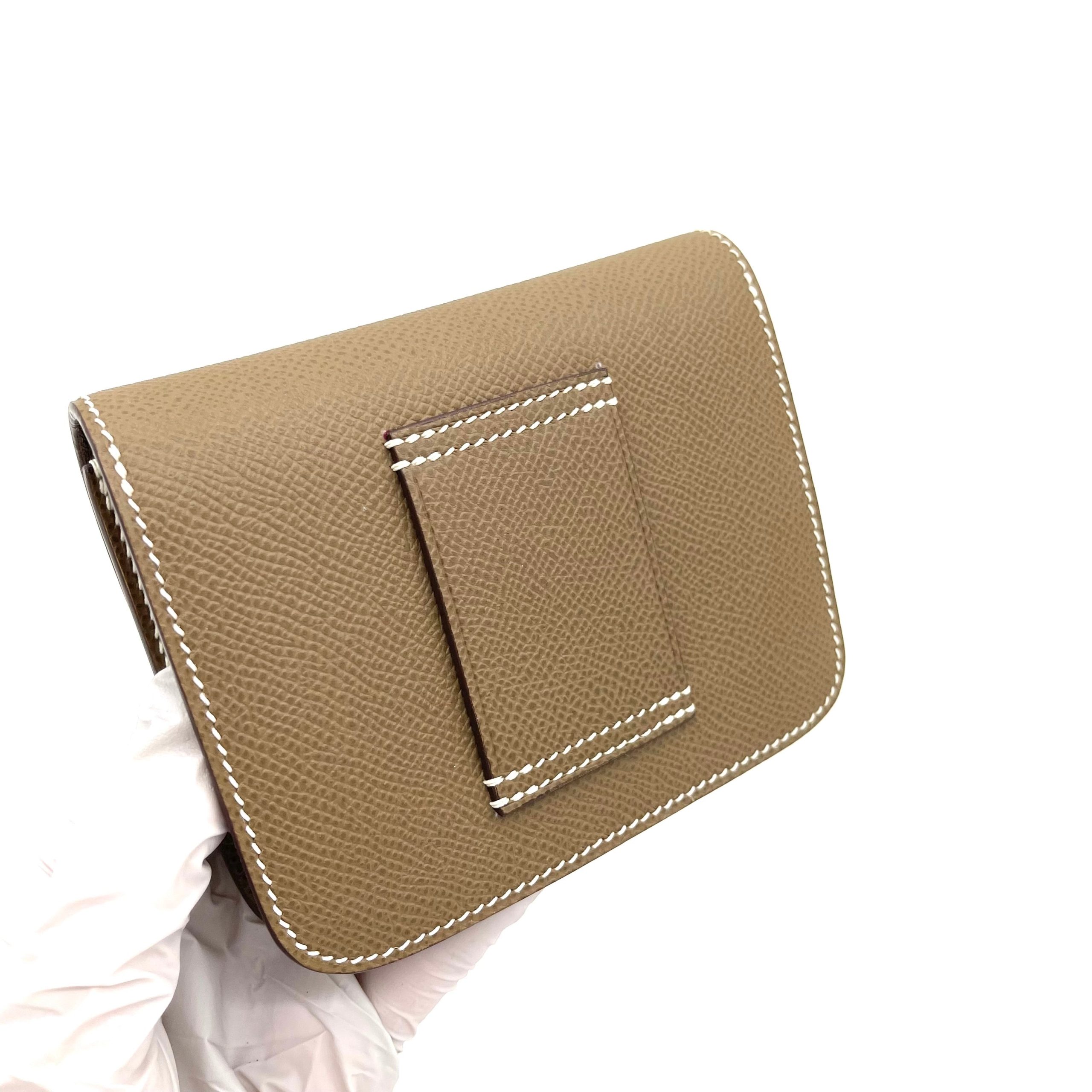 HERMES Etoupe Constance Slim Wallet Silver with Strap and Attachable to belt