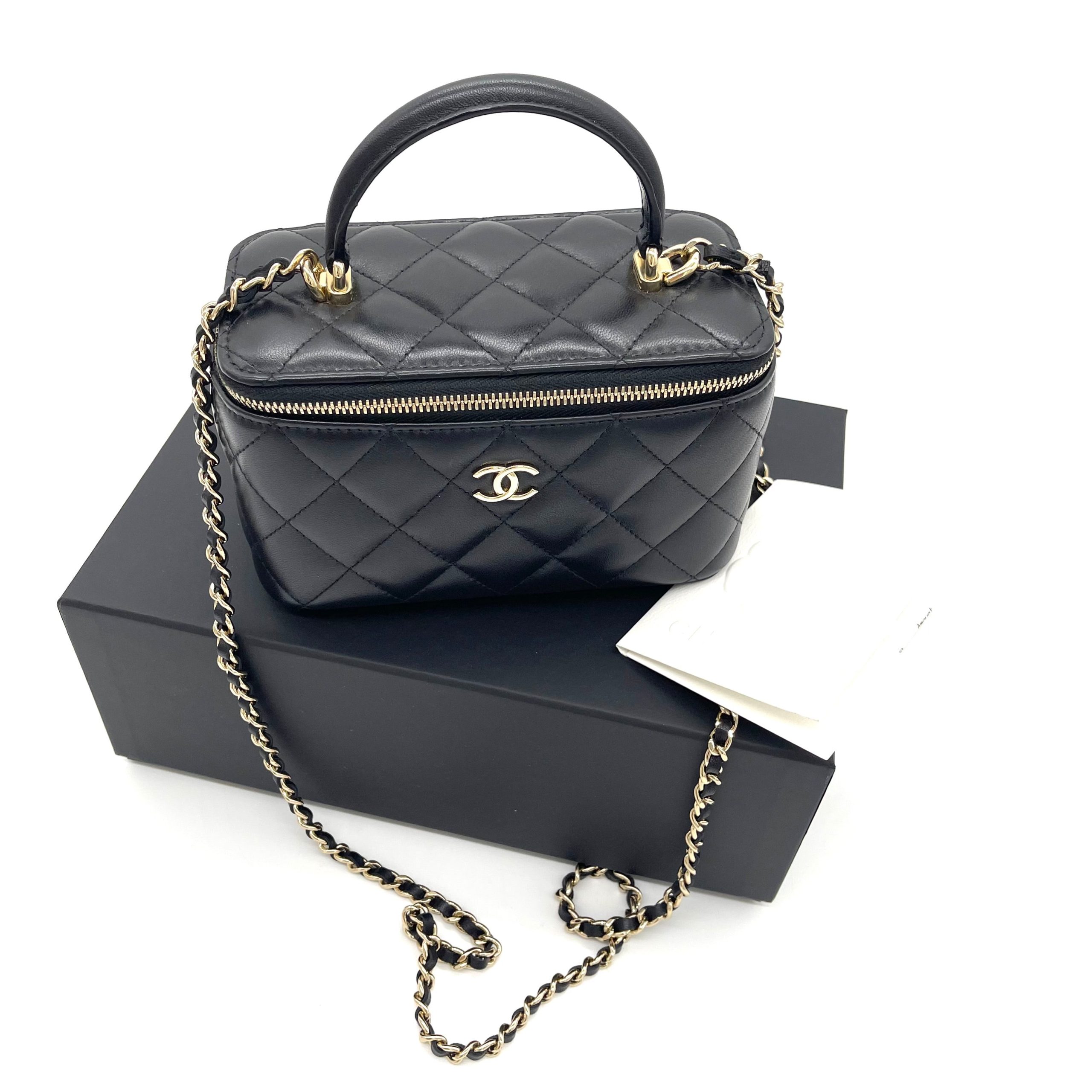 CHANEL Lambskin Quilted Small Top Handle Vanity Case with Chain – Black