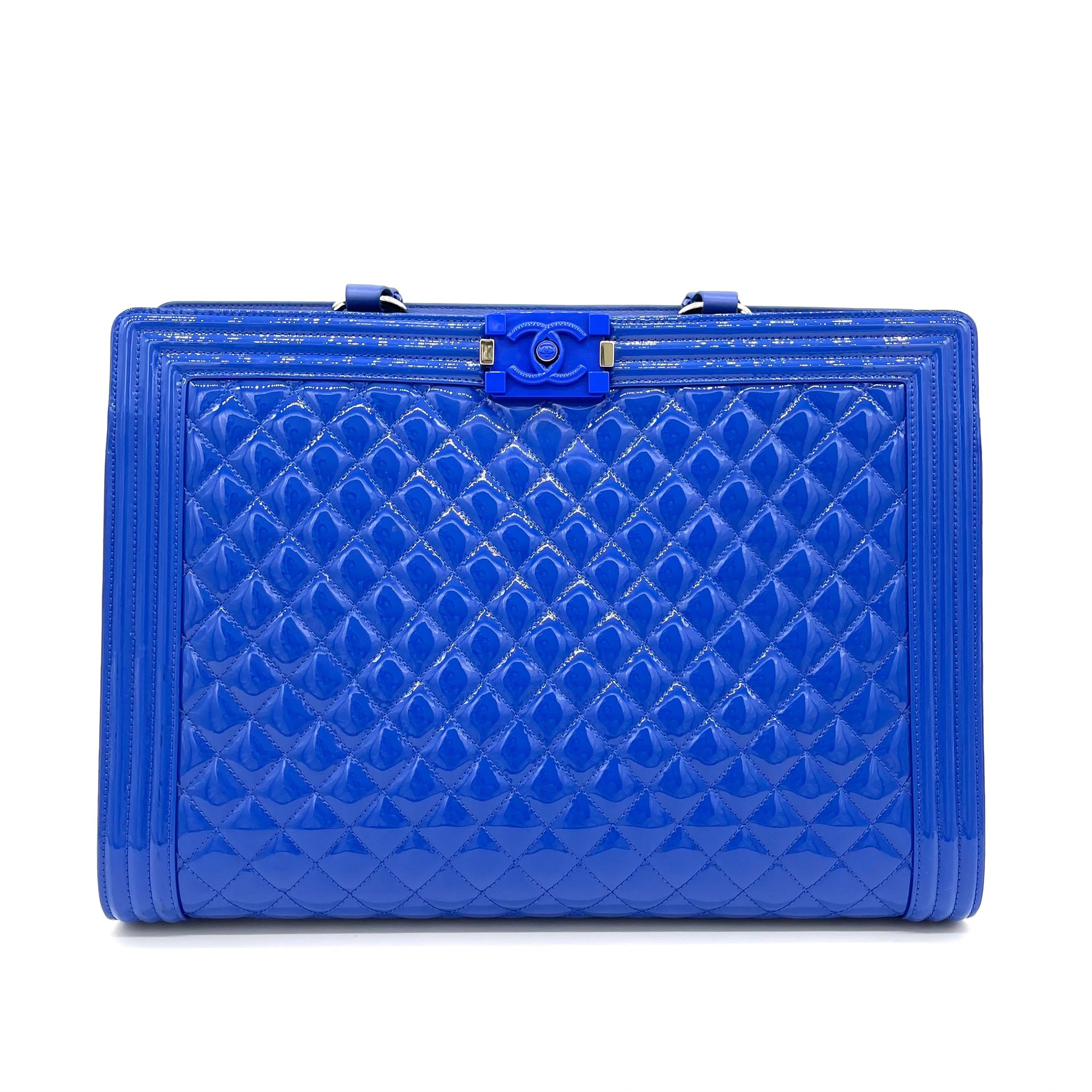 CHANEL Boy Shopping Tote Blue Patent Leather 2015