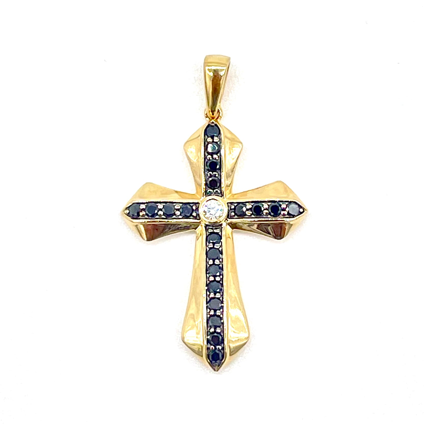 14k Yellow Gold Black & White Diamond Cross Pendant