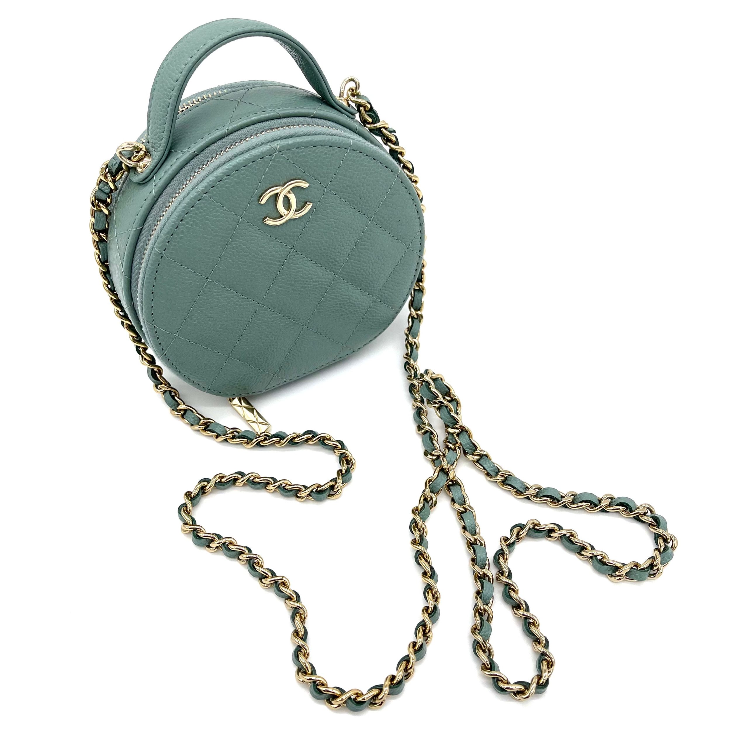 CHANEL Caviar Quilted Round Handle With Care Vanity With Chain Green