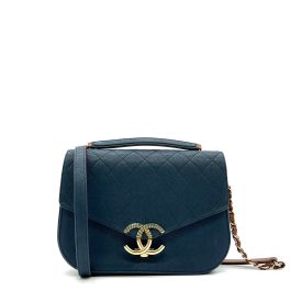 CHANEL Grained Calfskin Quilted Medium Cuba Top Handle Flap Blue 2017