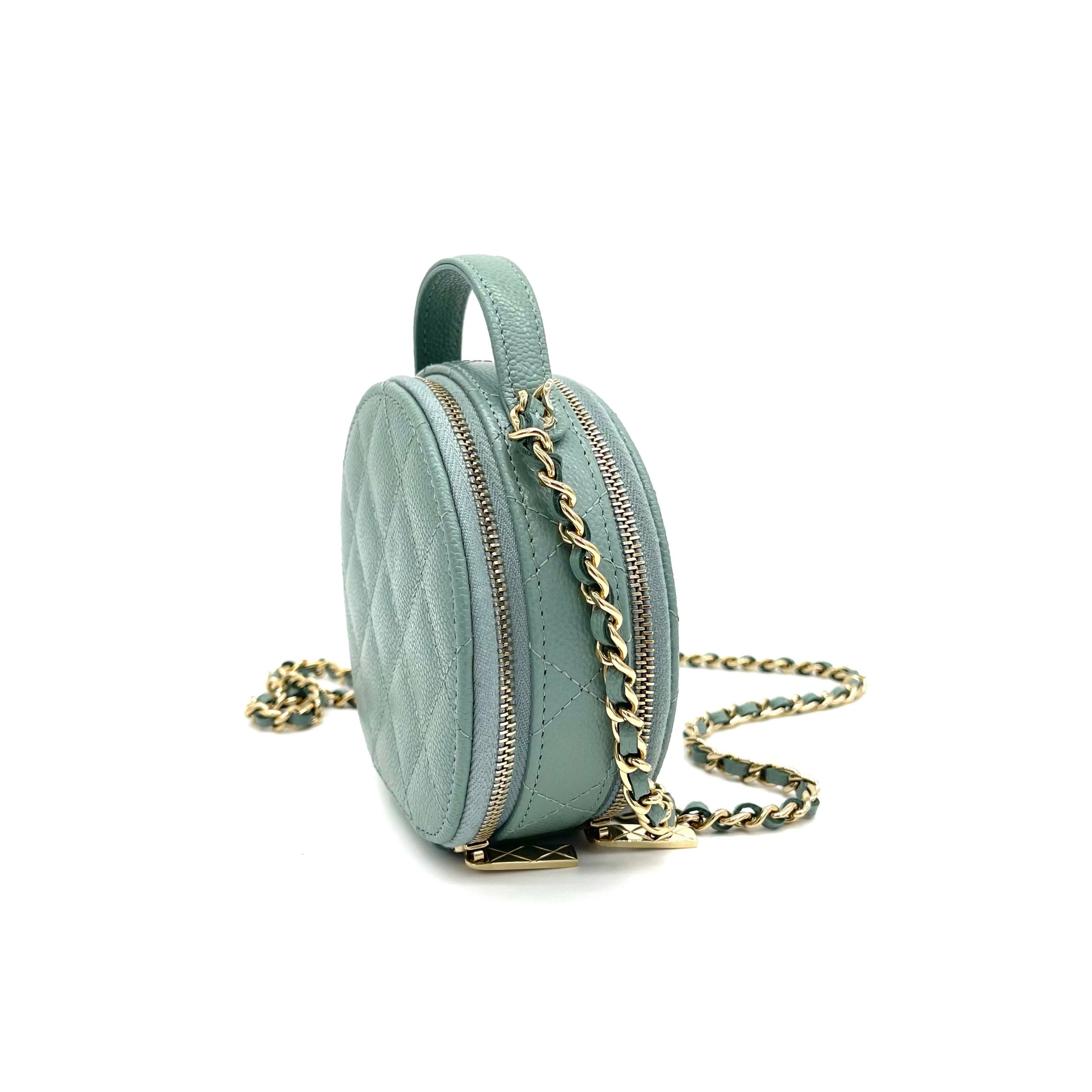 CHANEL Caviar Quilted Round Handle With Care Vanity With Chain Green