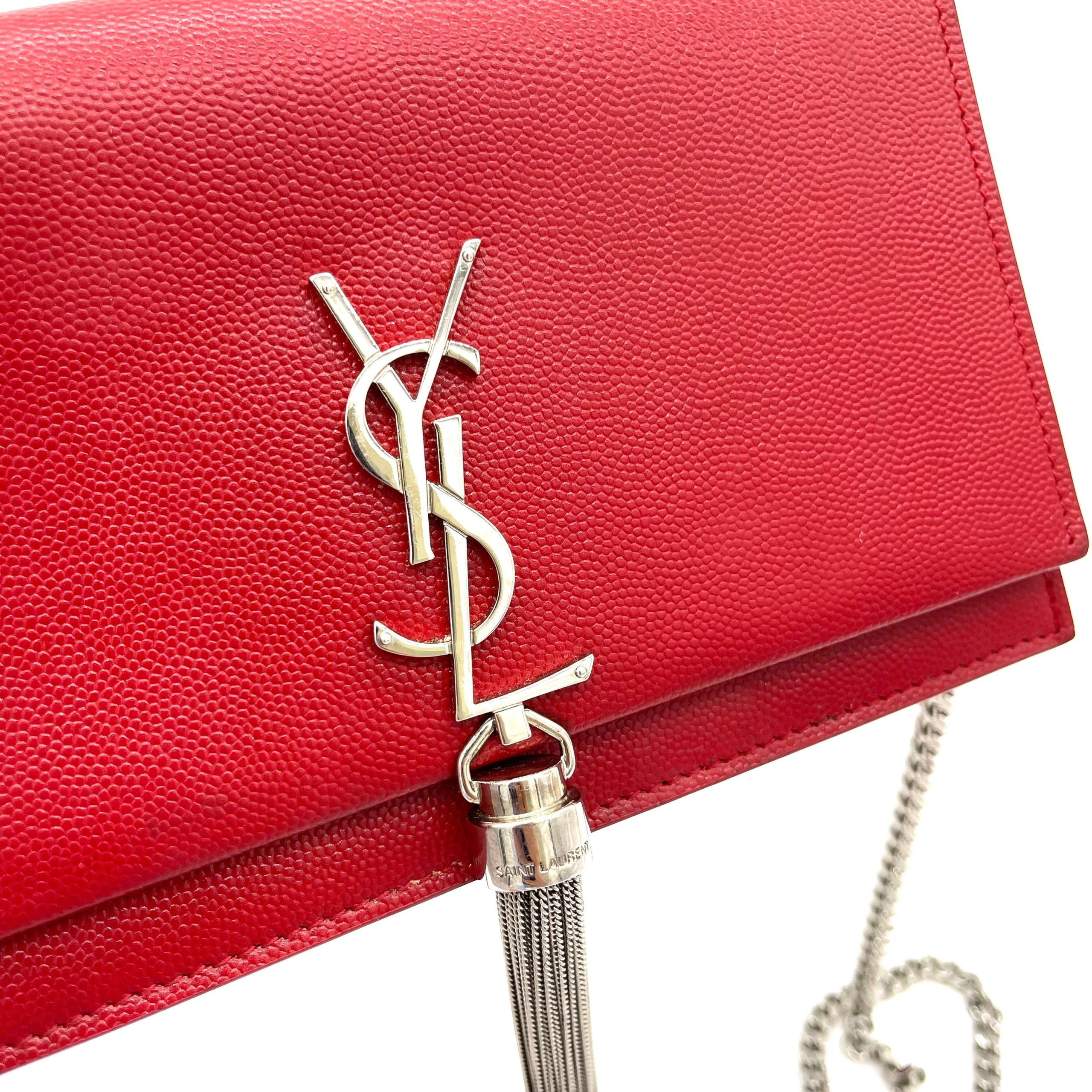 SAINT LAURENT Textured-Leather Small Classic Monogram Kate Tassel Satchel Red
