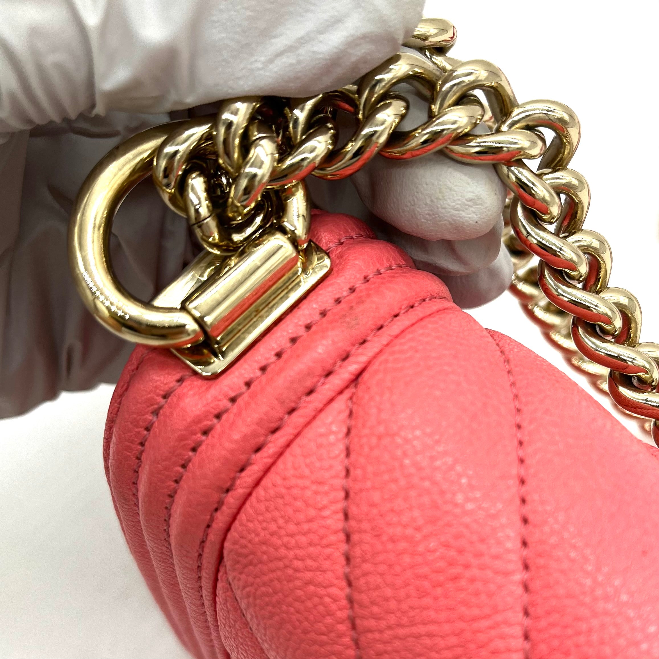 CHANEL Caviar Chevron Quilted Small Boy Flap Pink with Gold Hardware