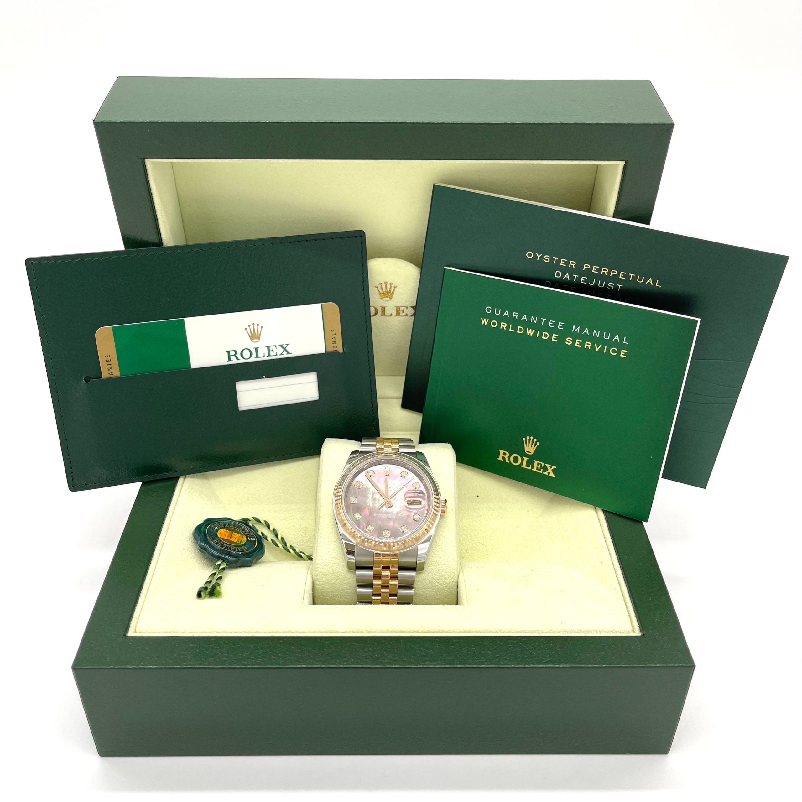 ROLEX Oyster Perpetual Datejust 36 Black Mother of Pearl Dial Stainless Steel and 18K Gold Jubilee Bracelet Automatic Watch Item No. 116231BKMDJ