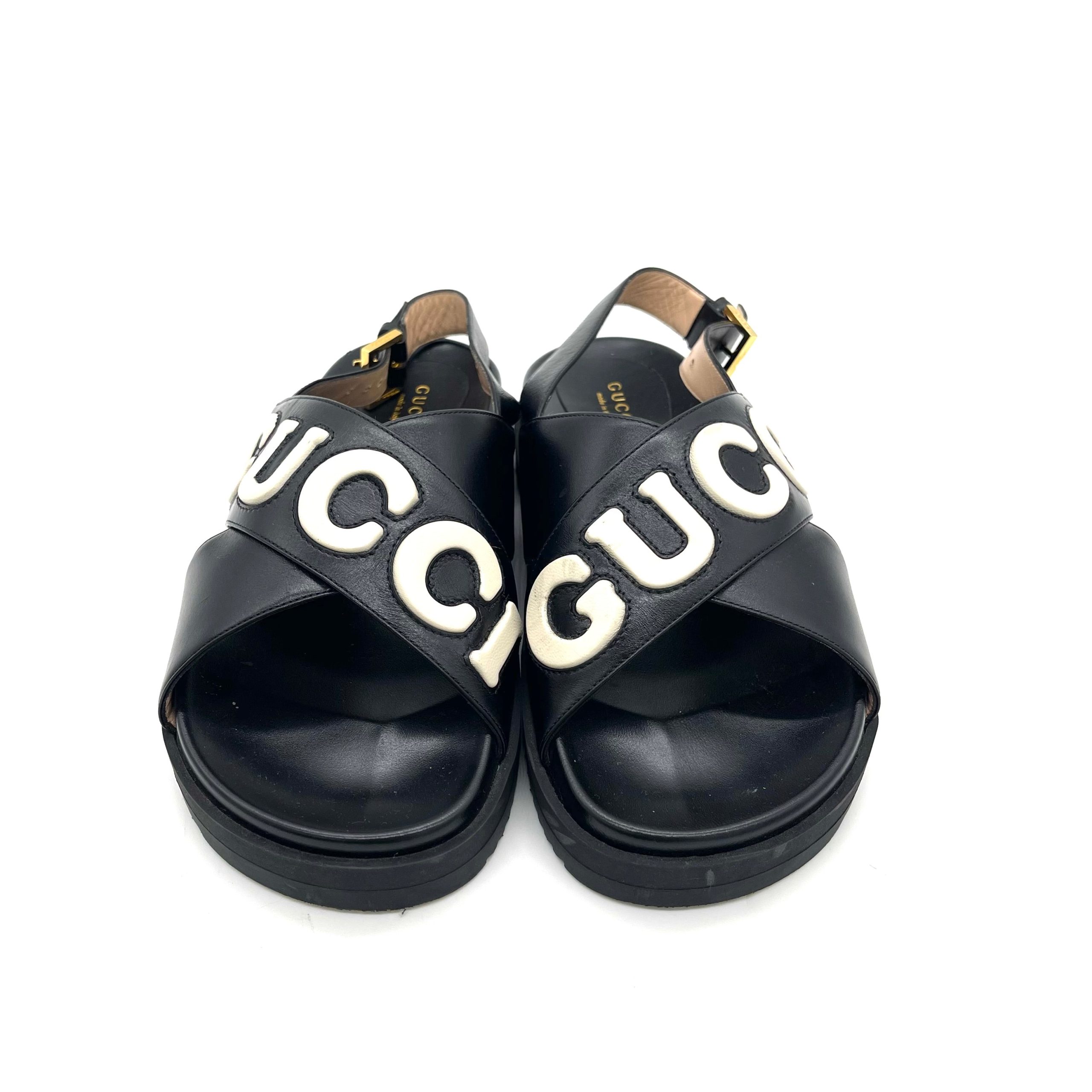 Gucci Black Leather Logo Sandals