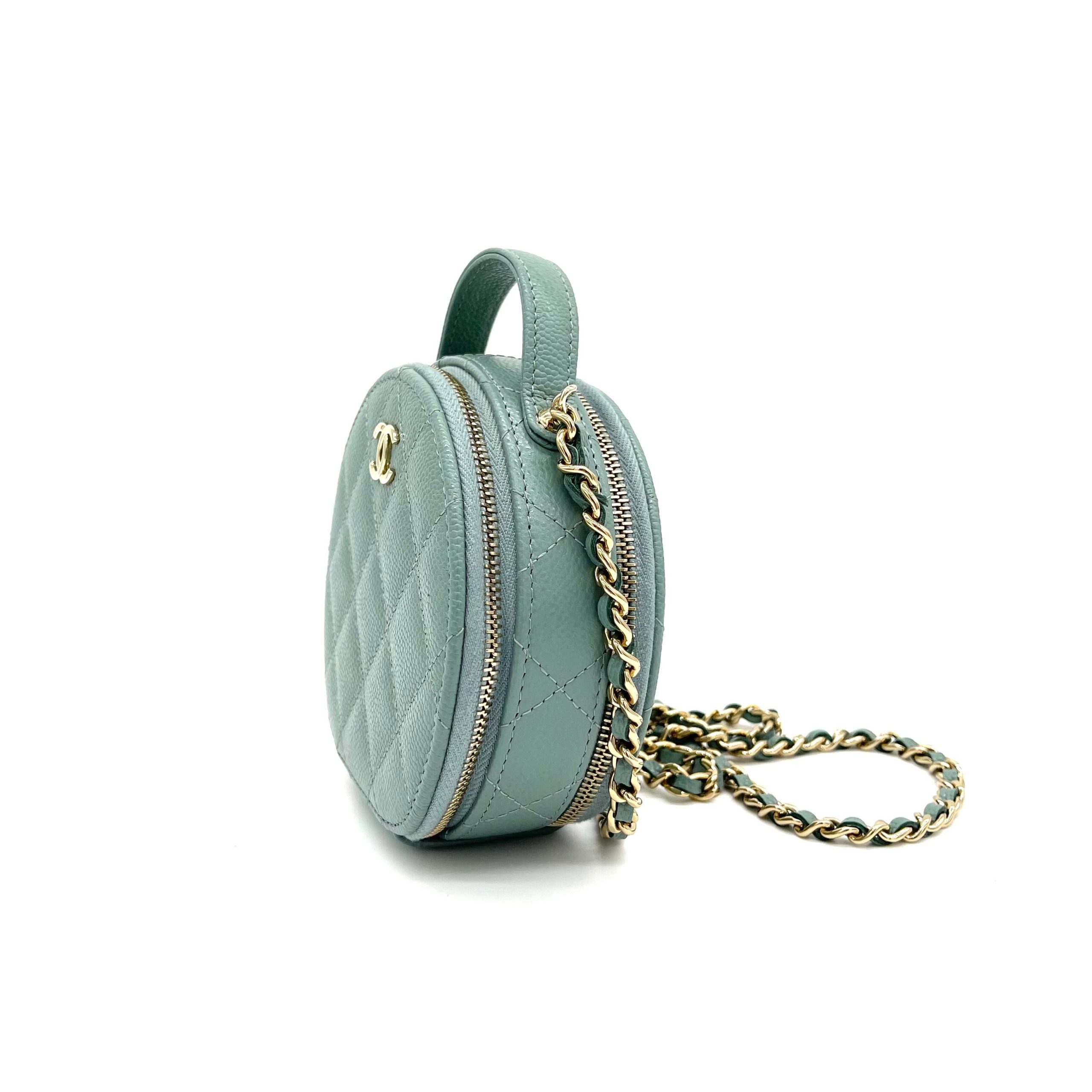 CHANEL Caviar Quilted Round Handle With Care Vanity With Chain Green