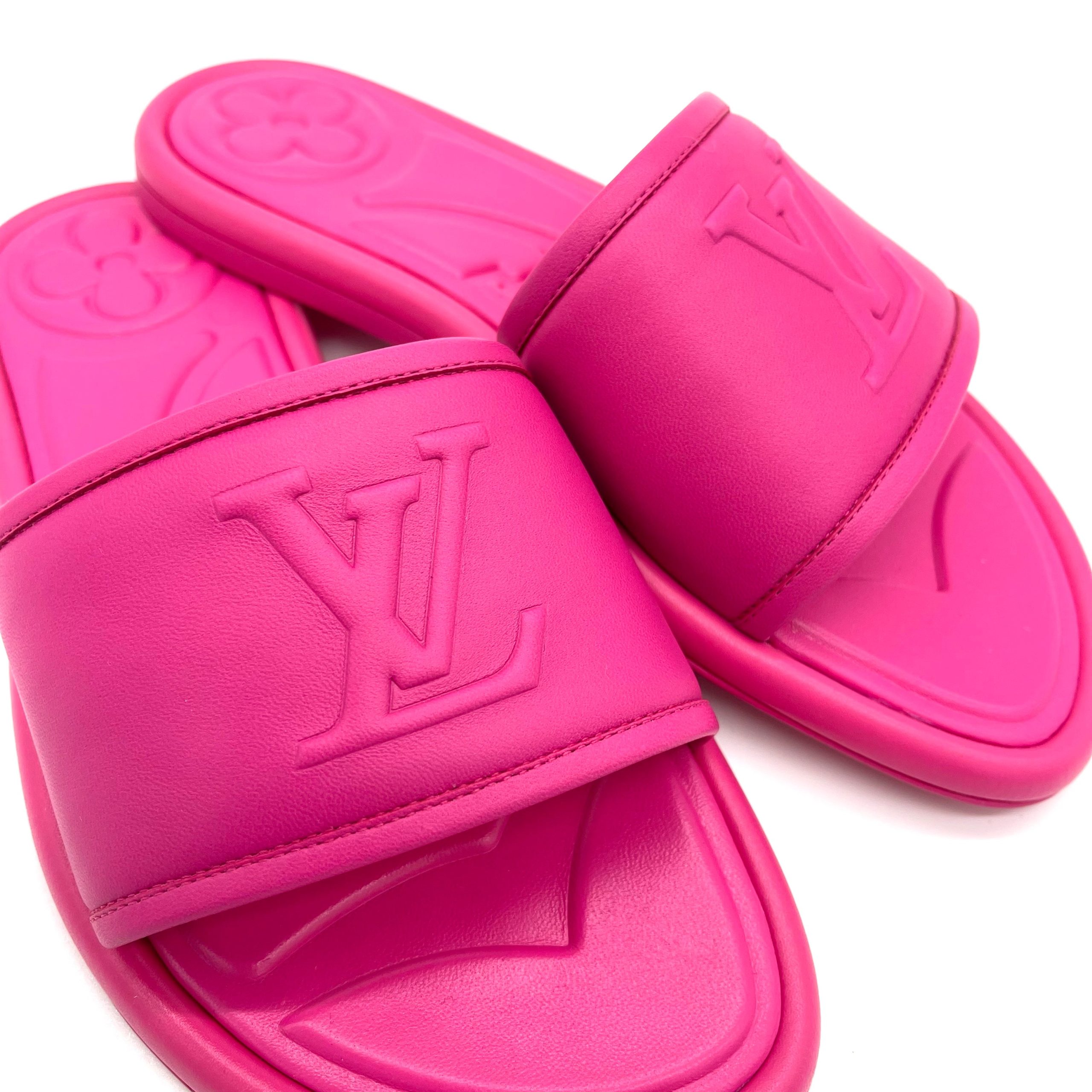 LOUIS VUITTON Lambskin Embossed Monogram Magnetic Flat Mules Size36 Fuchisa MAO232