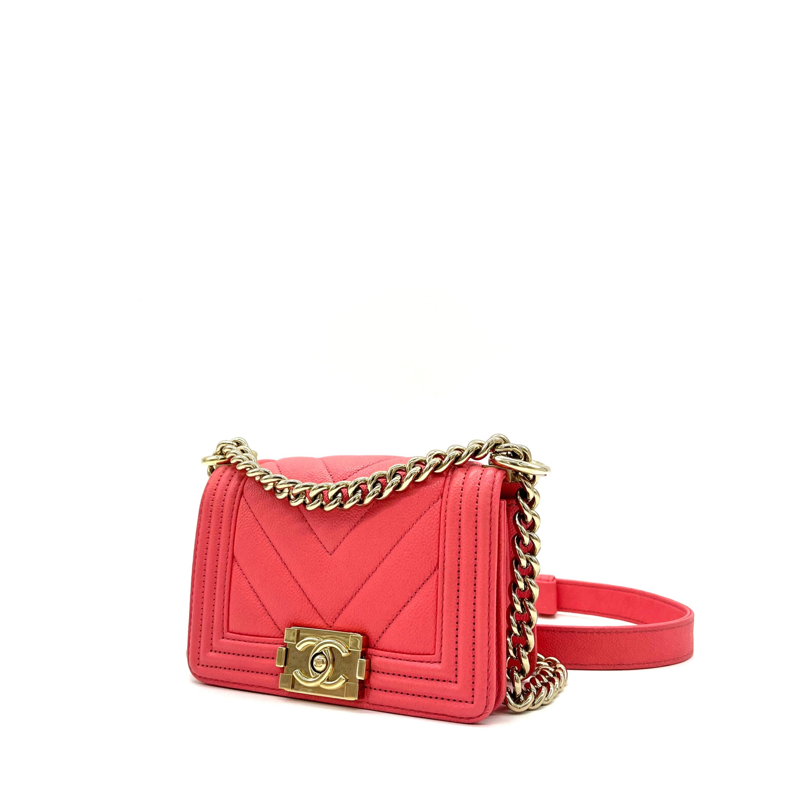 CHANEL Caviar Chevron Quilted Small Boy Flap Pink with Gold Hardware