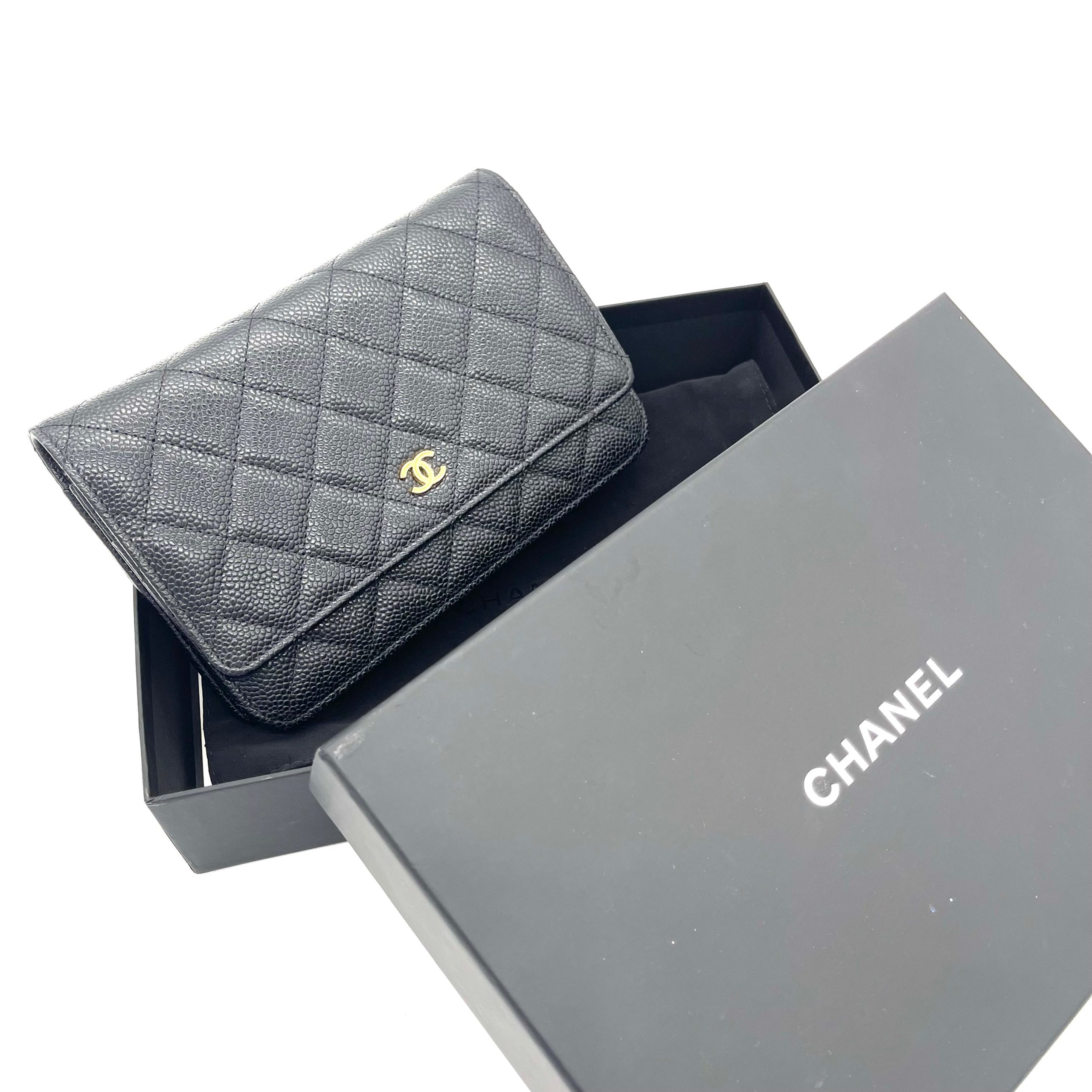 CHANEL Caviar Quilted Wallet On Chain (WOC) – Black & Gold