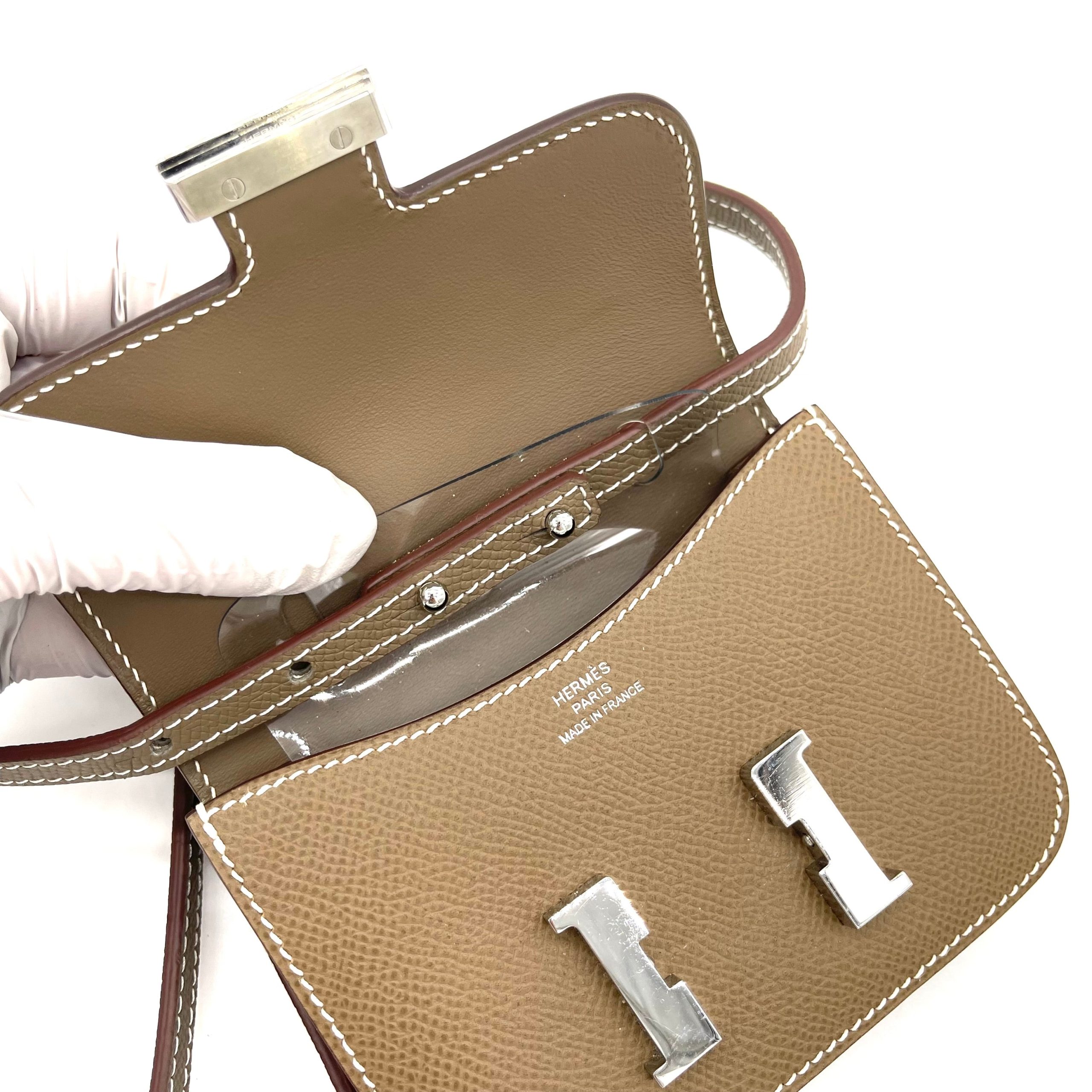 HERMES Etoupe Constance Slim Wallet Silver with Strap and Attachable to belt