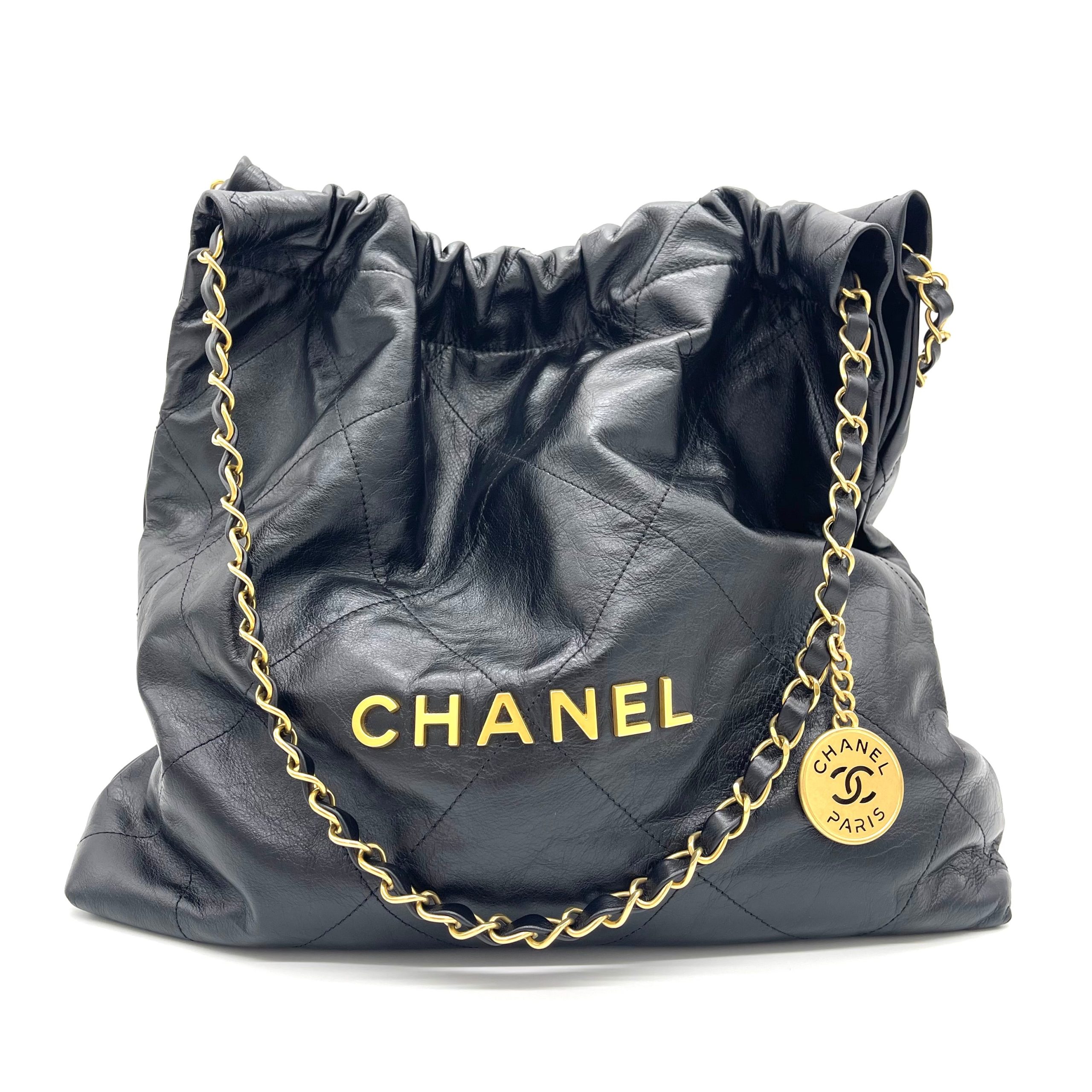 CHANEL Shiny Calfskin Quilted Chanel 22 Bag Medium Black