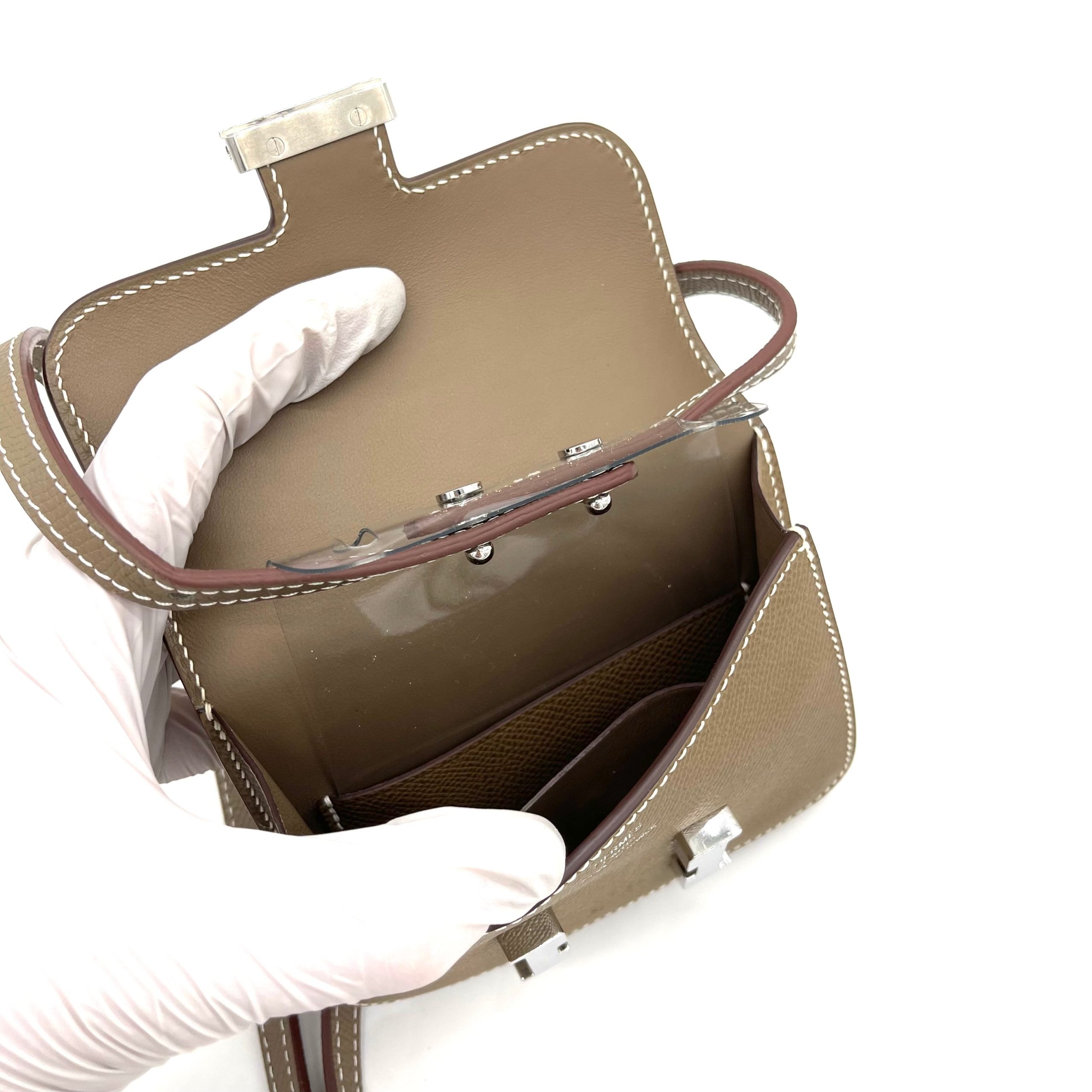 HERMES Etoupe Constance Slim Wallet Silver with Strap and Attachable to belt