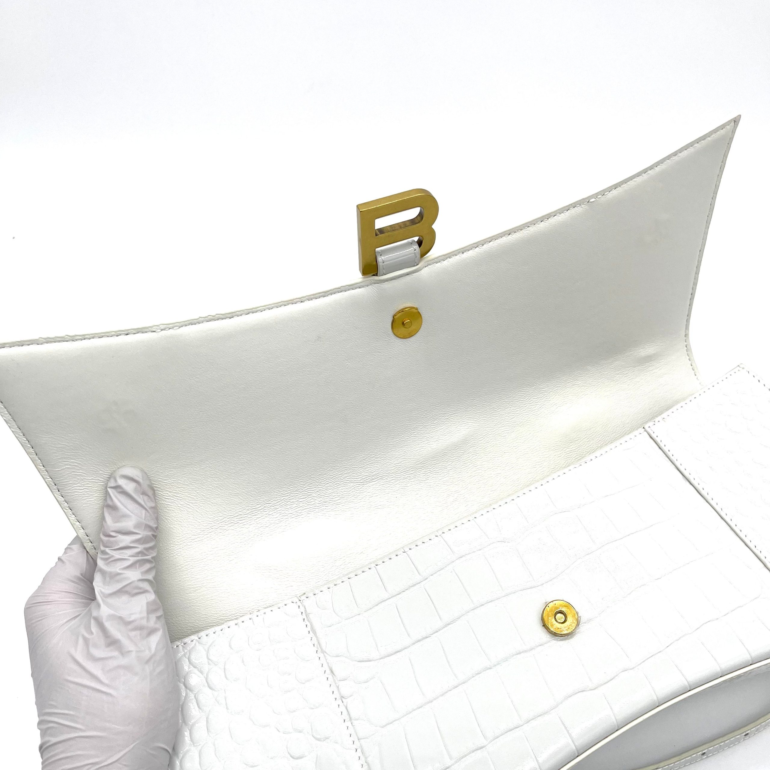 BALENCIAGA Hourglass Stretch Top Handle Bag Crocodile White