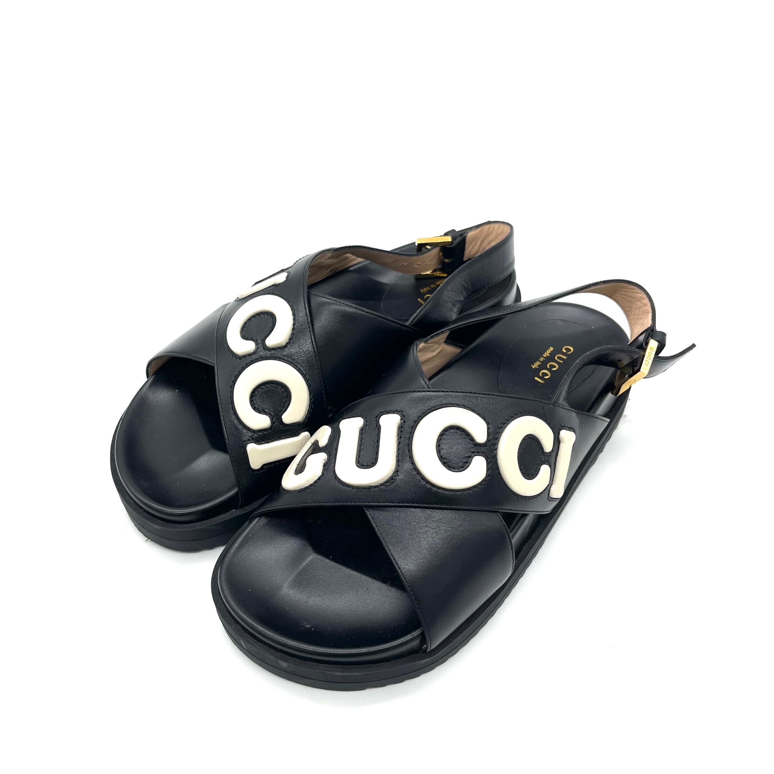 Gucci Black Leather Logo Sandals