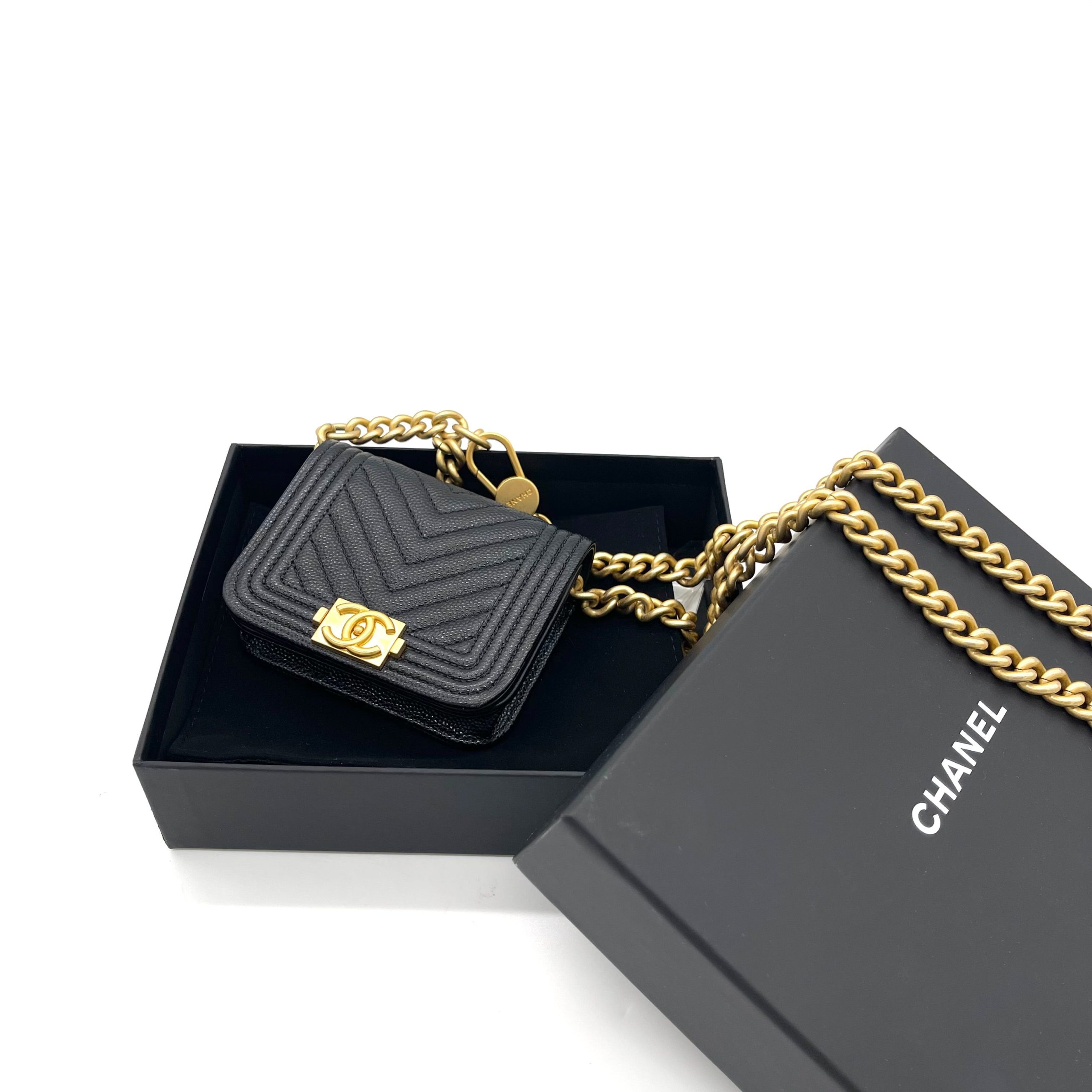 CHANEL Micro Chevron Boy Belt Bag – Black Caviar with Gold-Tone Hardware