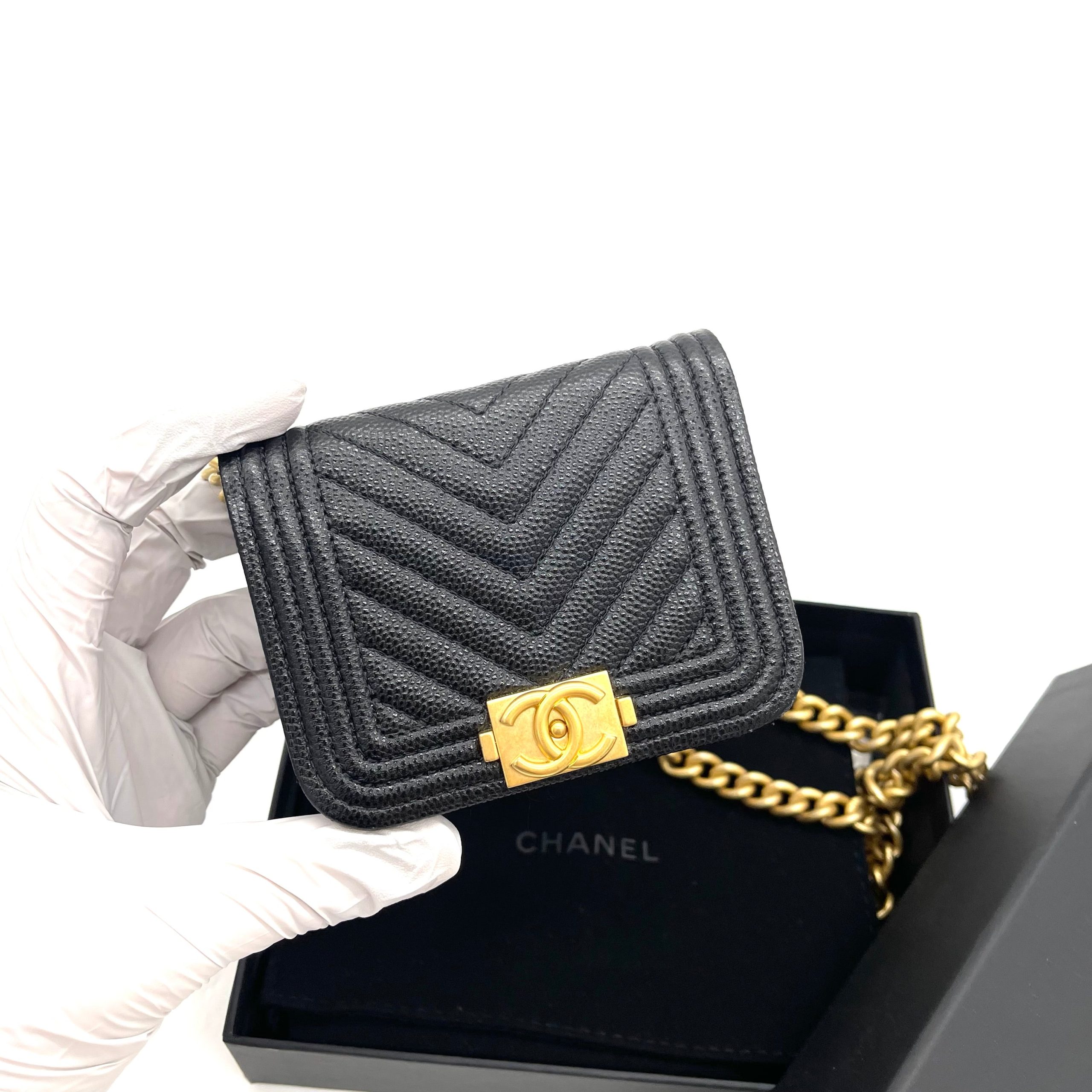 CHANEL Micro Chevron Boy Belt Bag – Black Caviar with Gold-Tone Hardware