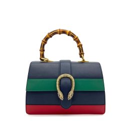 GUCCI Calfskin Bamboo Web Large Dionysus Top Handle Bag Black Bright Evergreen Hibiscus Red
