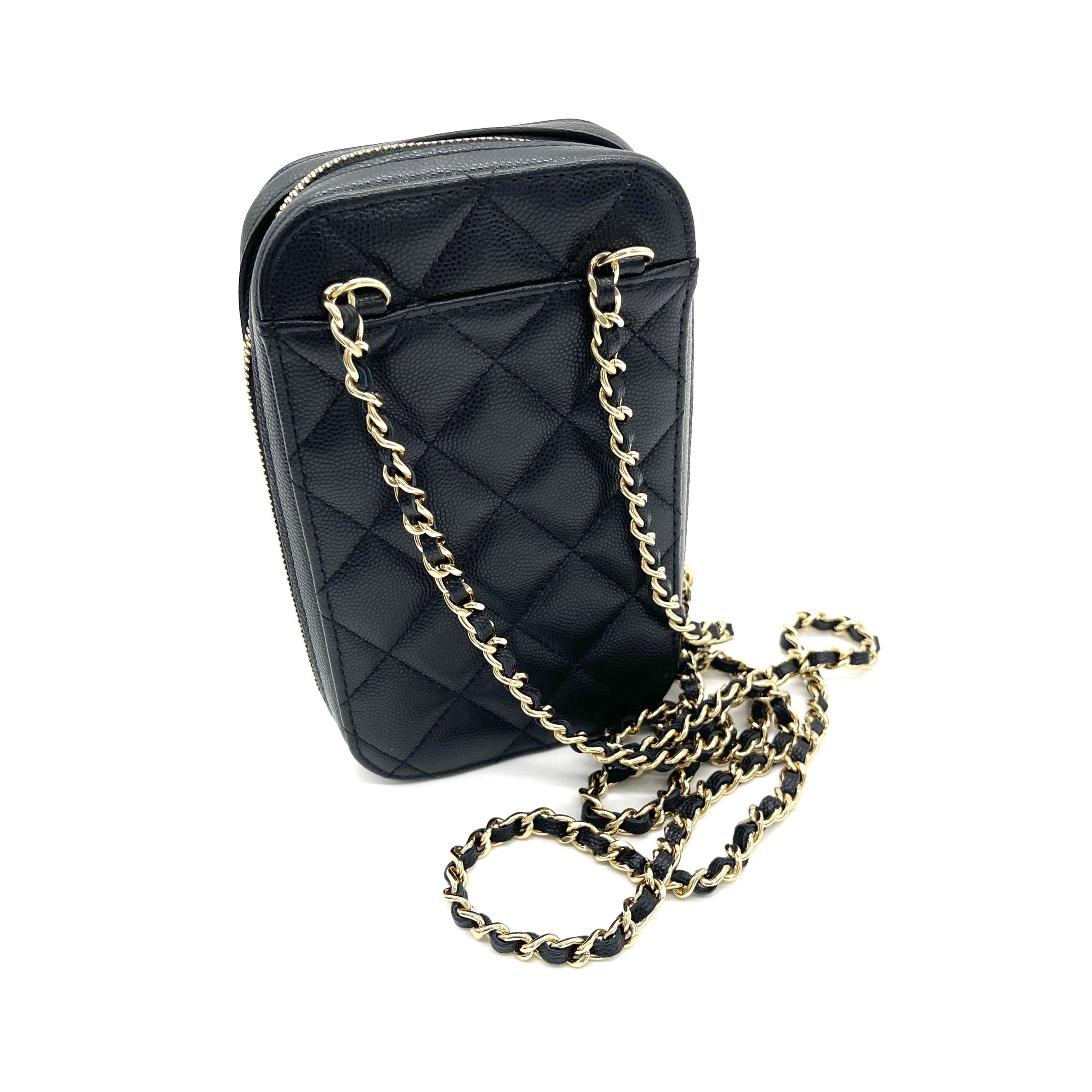 CHANEL Zip Around Phone Case Chain Shoulder Bag – Black Grained Calfskin