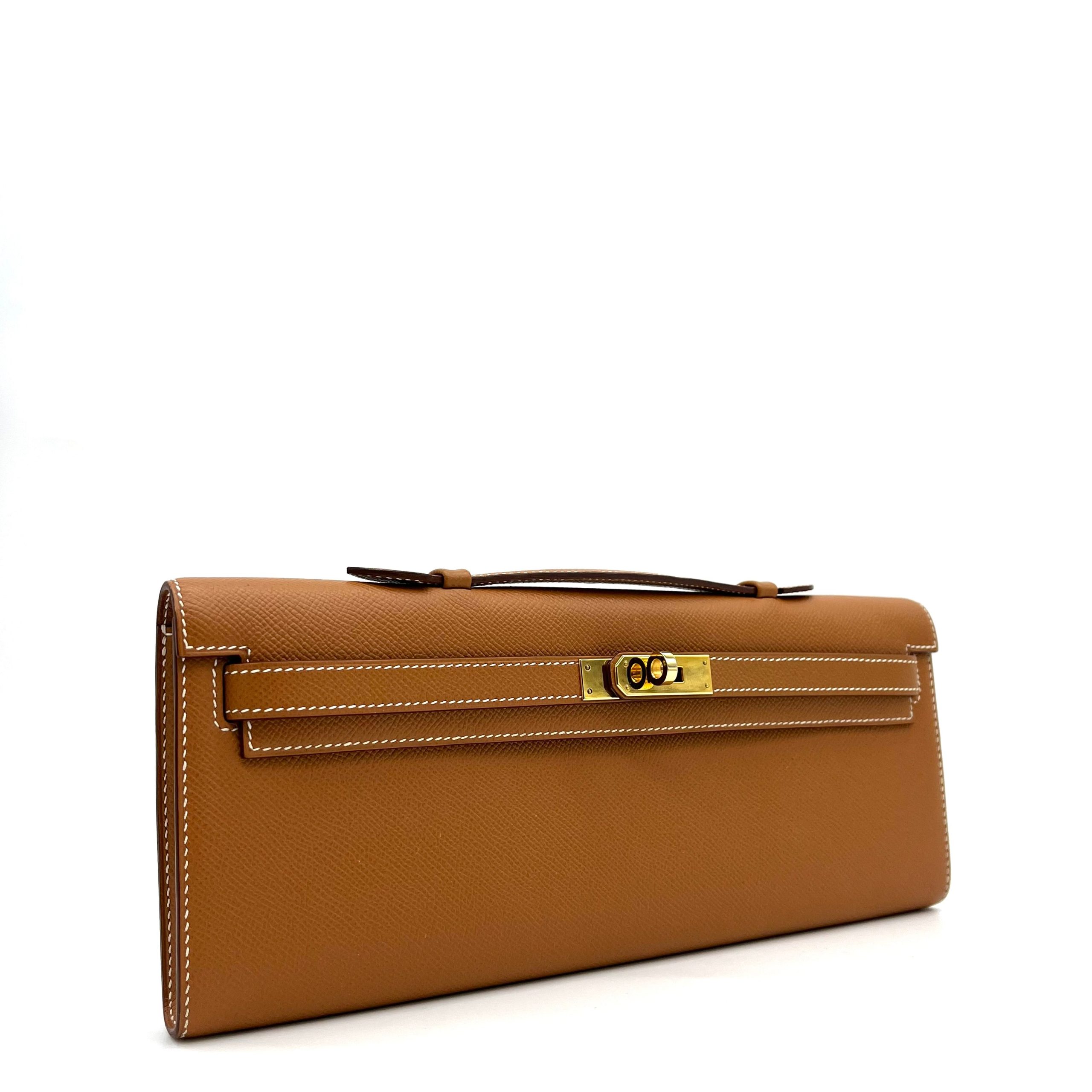 Hermes Gold Swift Leather Kelly Cut Clutch