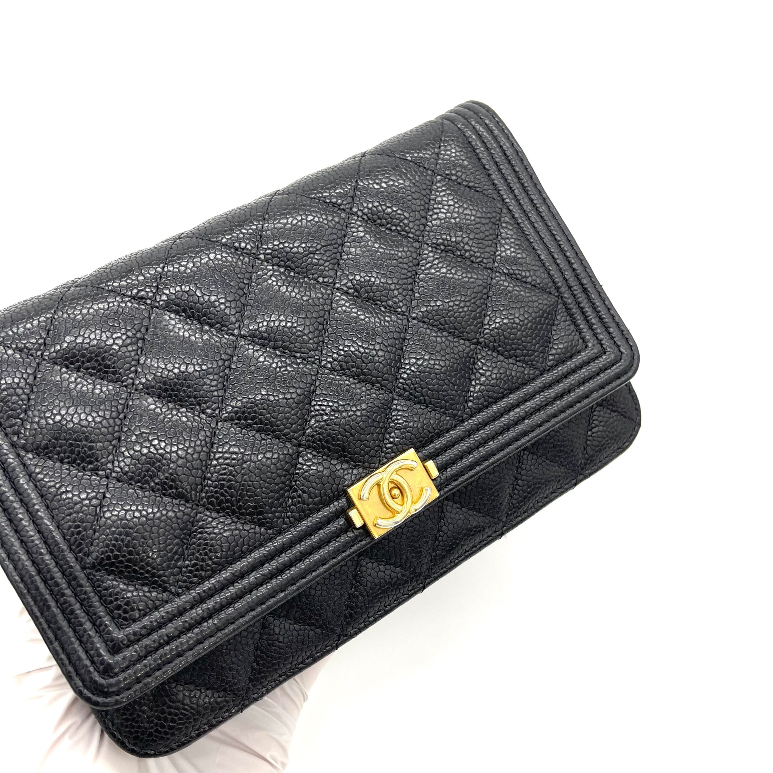 CHANEL Caviar Quilted Boy Wallet On Chain WOC Black
