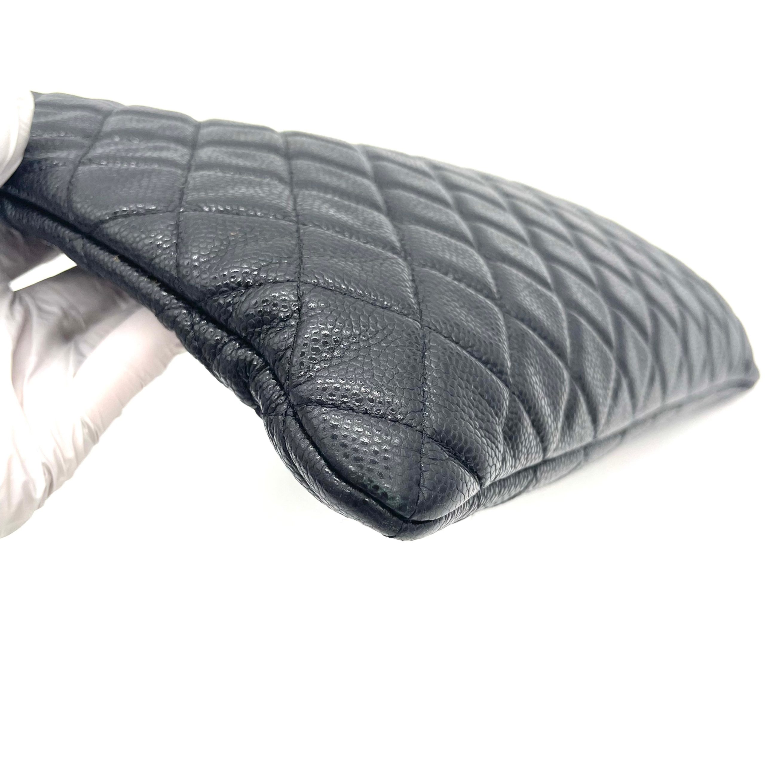 CHANEL O Case Large Clutch in Black Quilted Caviar Leather with Gold-Tone Hardware