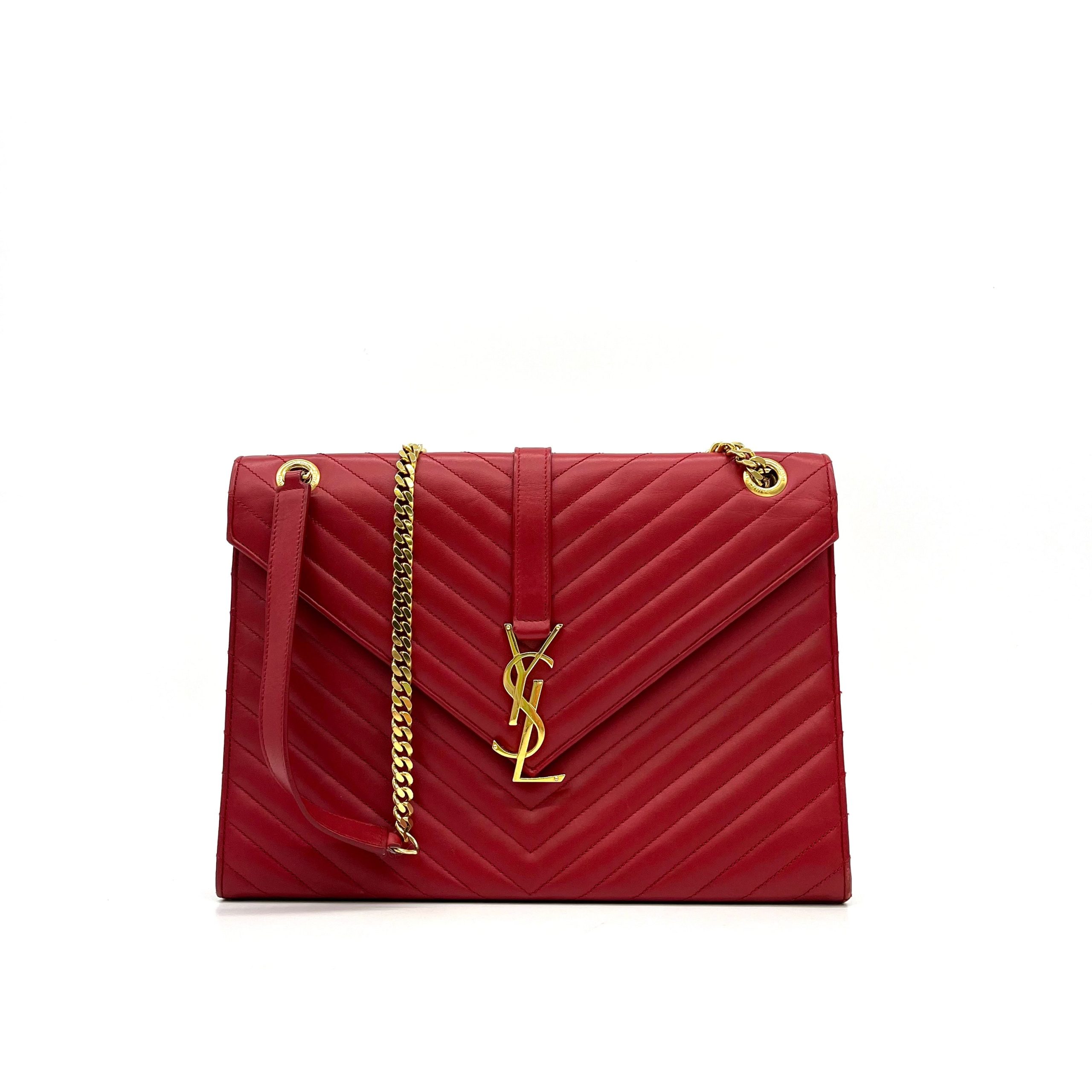 Saint Laurent Grain De Poudre Matelasse Chevron Large Monogram Satchel Lipstick Red 2013