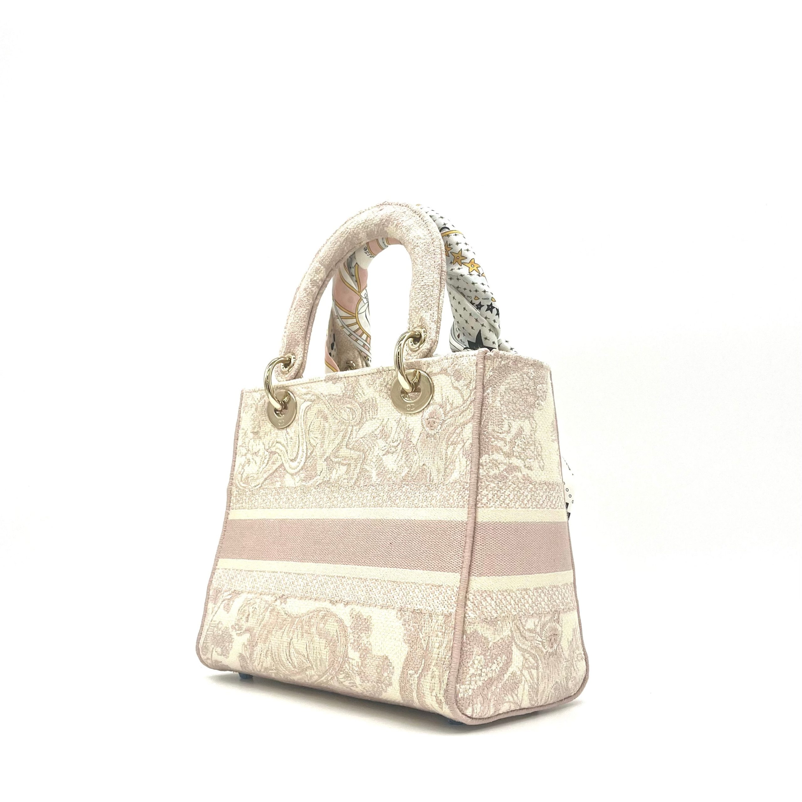 Christian Dior Canvas Toile De Jouy Reverse Embroidered Medium Lady D-Lite Rose