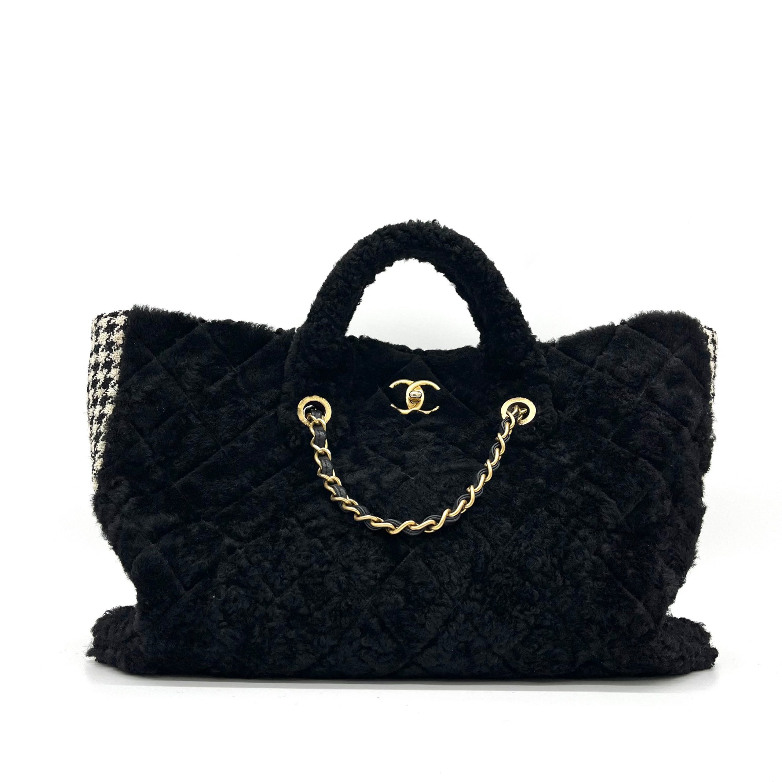 Chanel CC Chain Shopping Tote Quilted Shearling with Tweed Large 2020