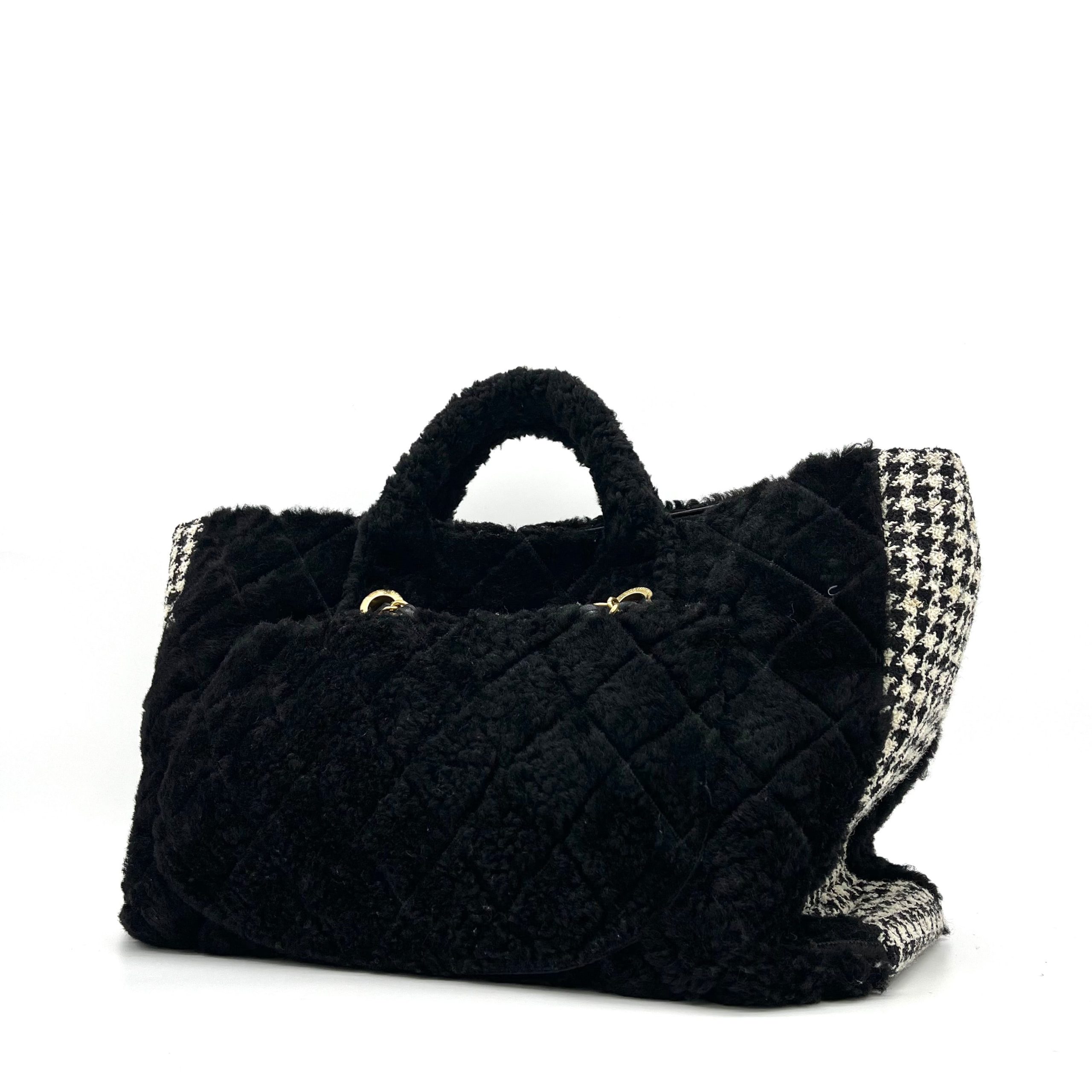 Chanel CC Chain Shopping Tote Quilted Shearling with Tweed Large 2020