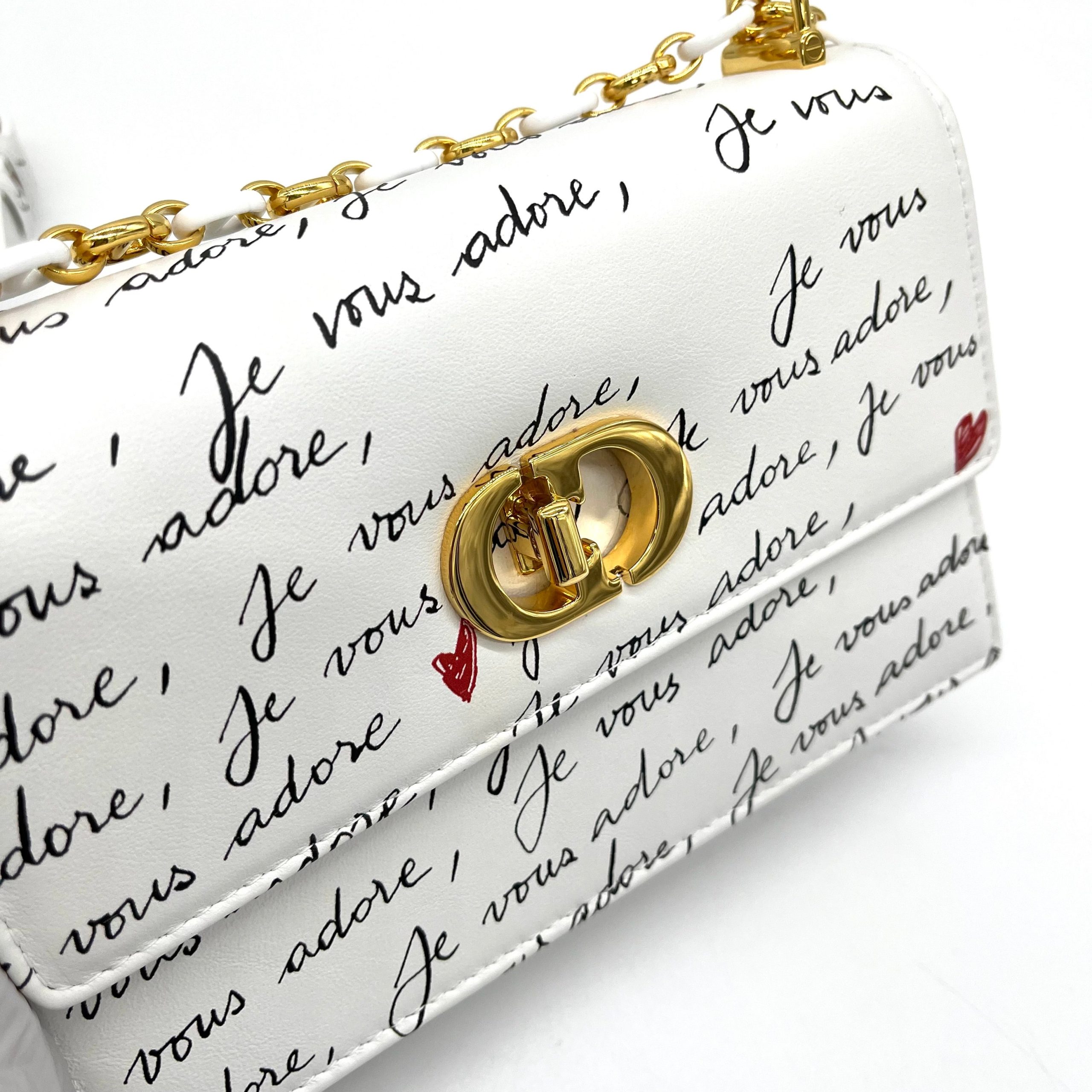 Dior amour Miss Caro Mini Bag White Calfskin with Black and Red Je Vous Adore Print