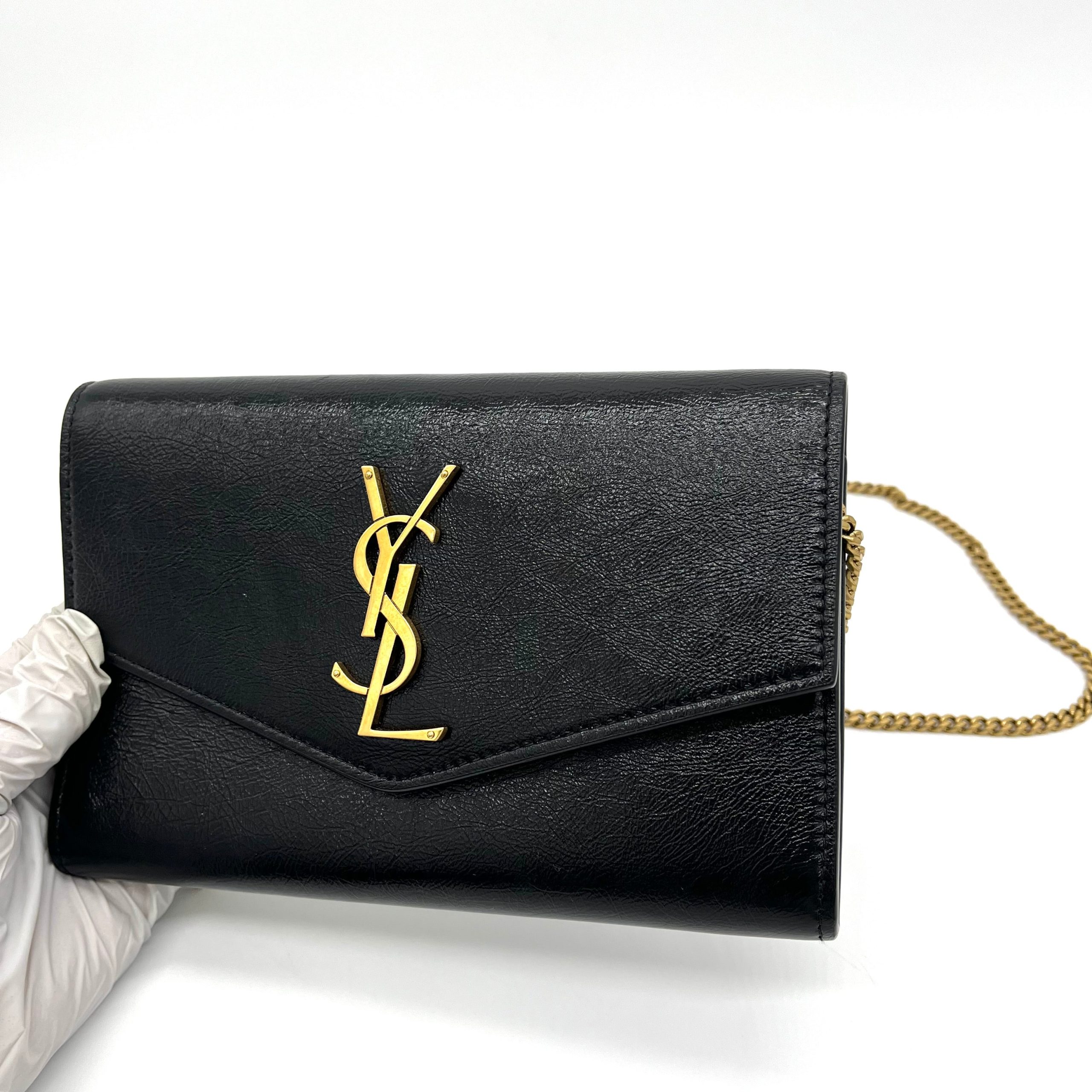 Saint Lauren Uptown Chain Wallet in Grain De Poudre Embossed Learher