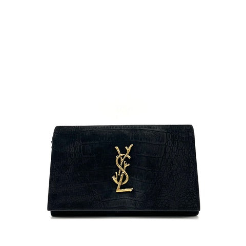 Saint Laurent Black Croc Embossed Suede Monogram Kate Bag