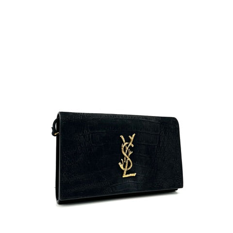 Saint Laurent Black Croc Embossed Suede Monogram Kate Bag