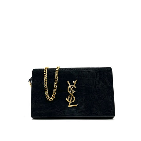 Saint Laurent Black Croc Embossed Suede Monogram Kate Bag