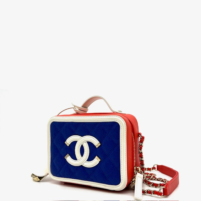Chanel Caviar Quilted Small CC Filigree Vanity Case Blue White Red 2019