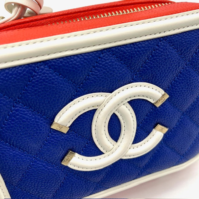 Chanel Caviar Quilted Small CC Filigree Vanity Case Blue White Red 2019