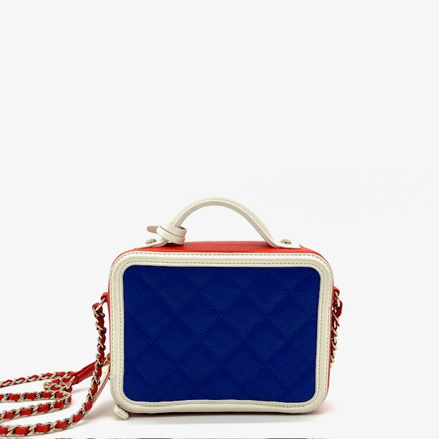 Chanel Caviar Quilted Small CC Filigree Vanity Case Blue White Red 2019