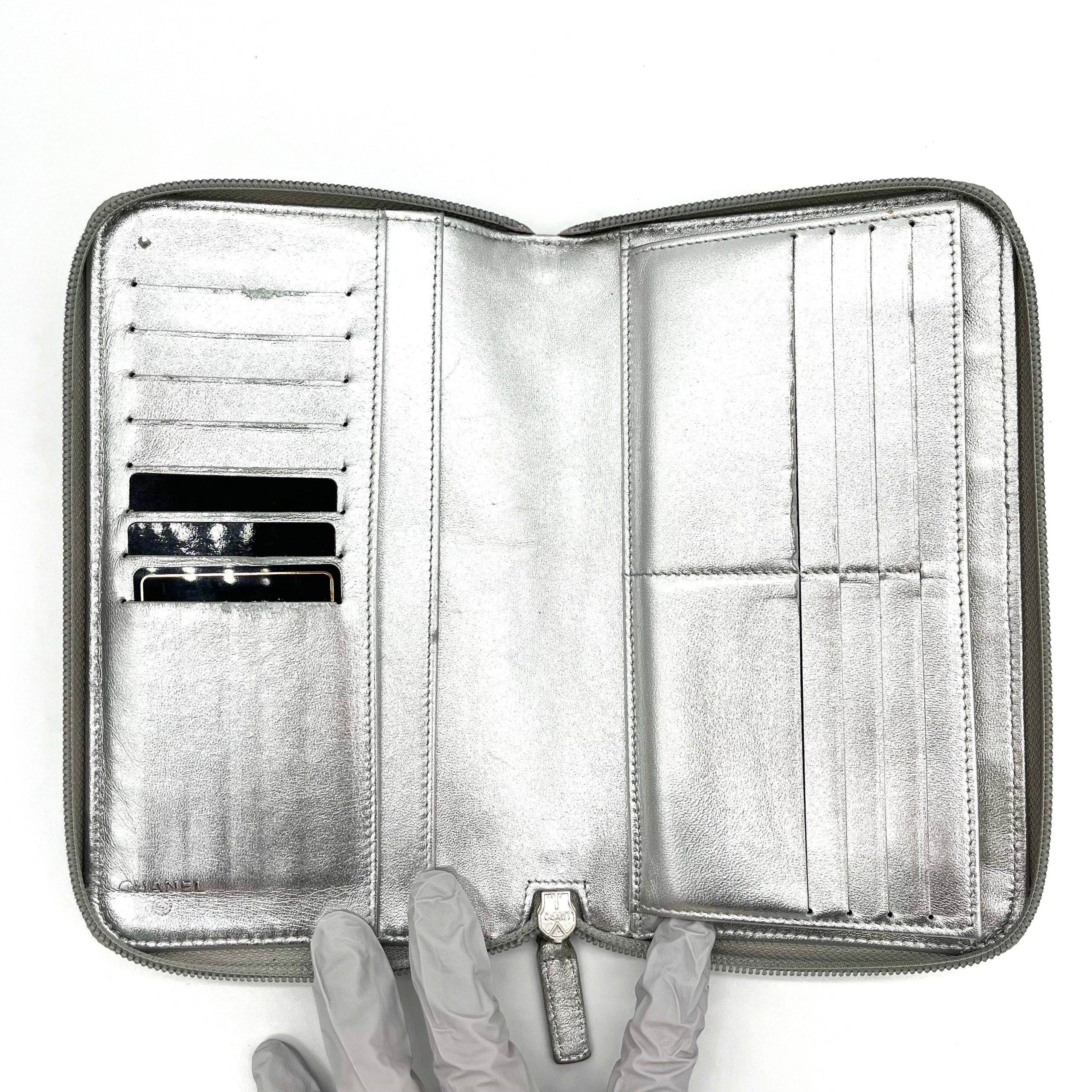 Chanel Silver Quilted Patent Leather Embossed Lucky Symbols Zip Around Wallet 2006-2008