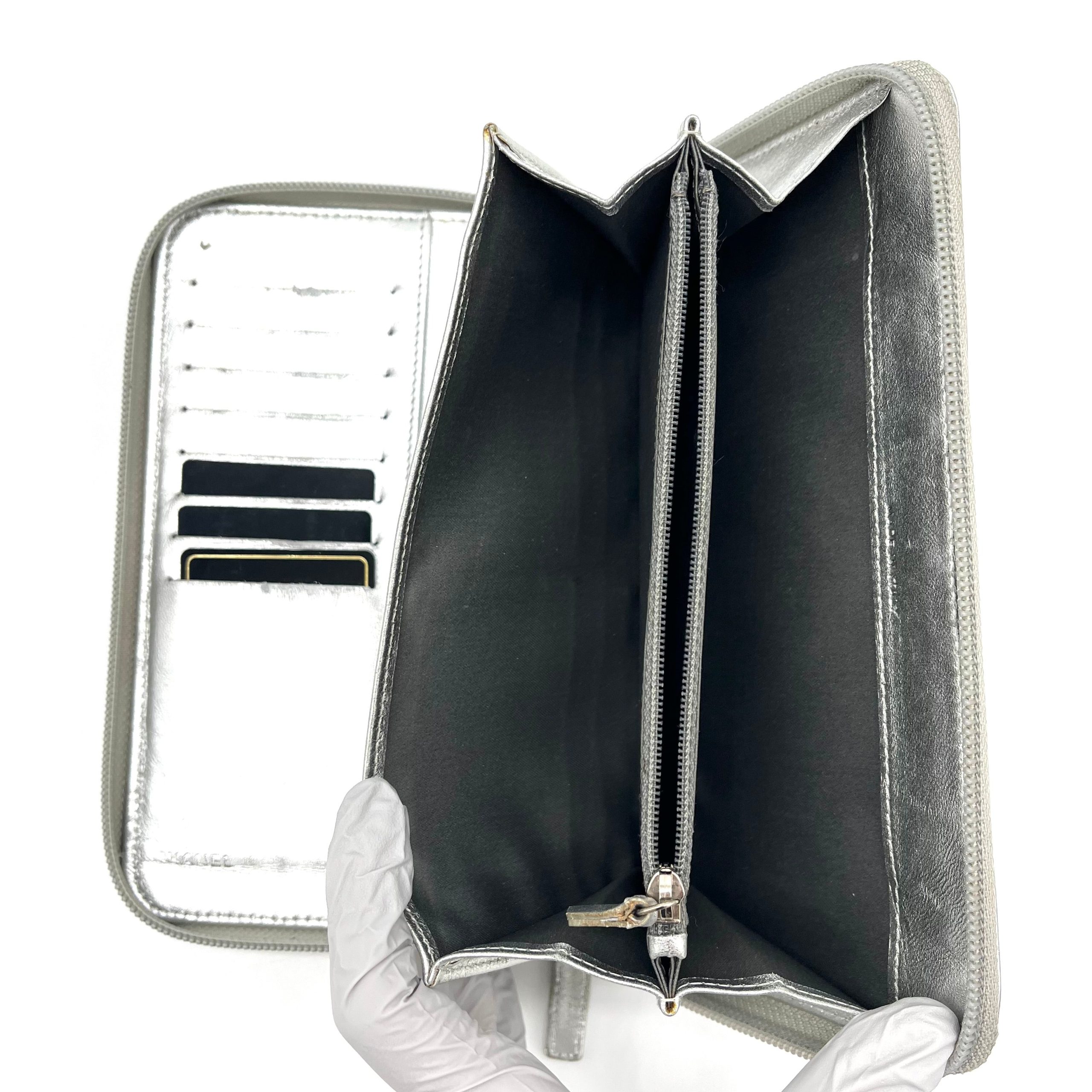 Chanel Silver Quilted Patent Leather Embossed Lucky Symbols Zip Around Wallet 2006-2008