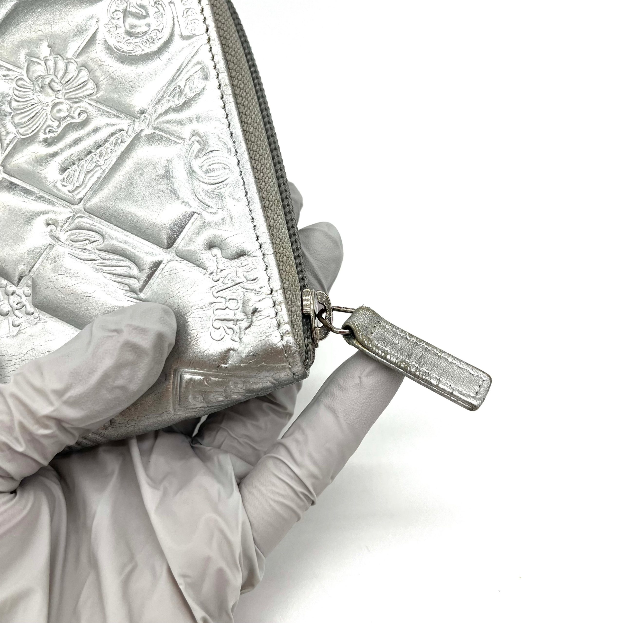 Chanel Silver Quilted Patent Leather Embossed Lucky Symbols Zip Around Wallet 2006-2008