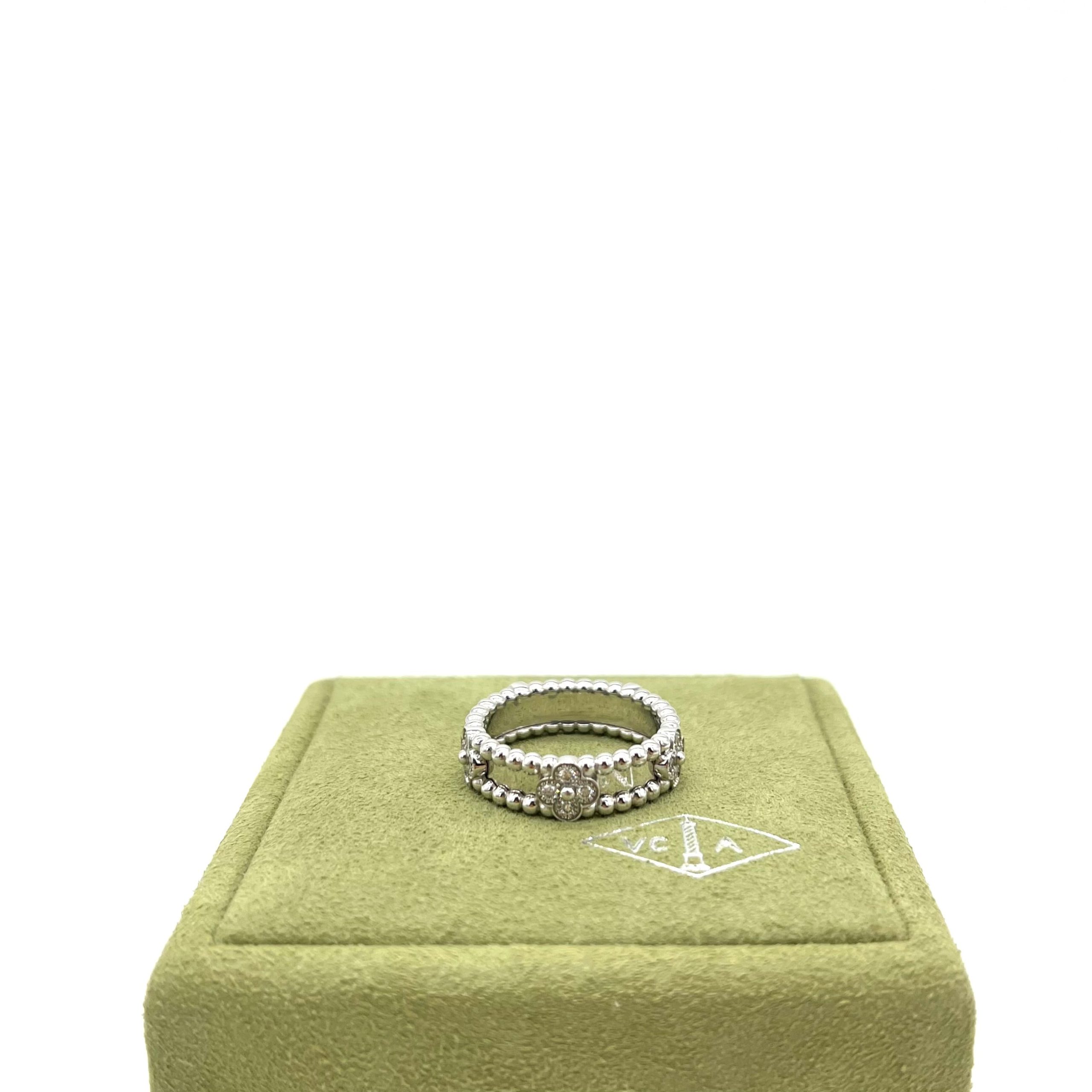 Van Cleef & Arpels 18K White Gold Diamond Sweet Perlee Clovers Ring 5.5 2024