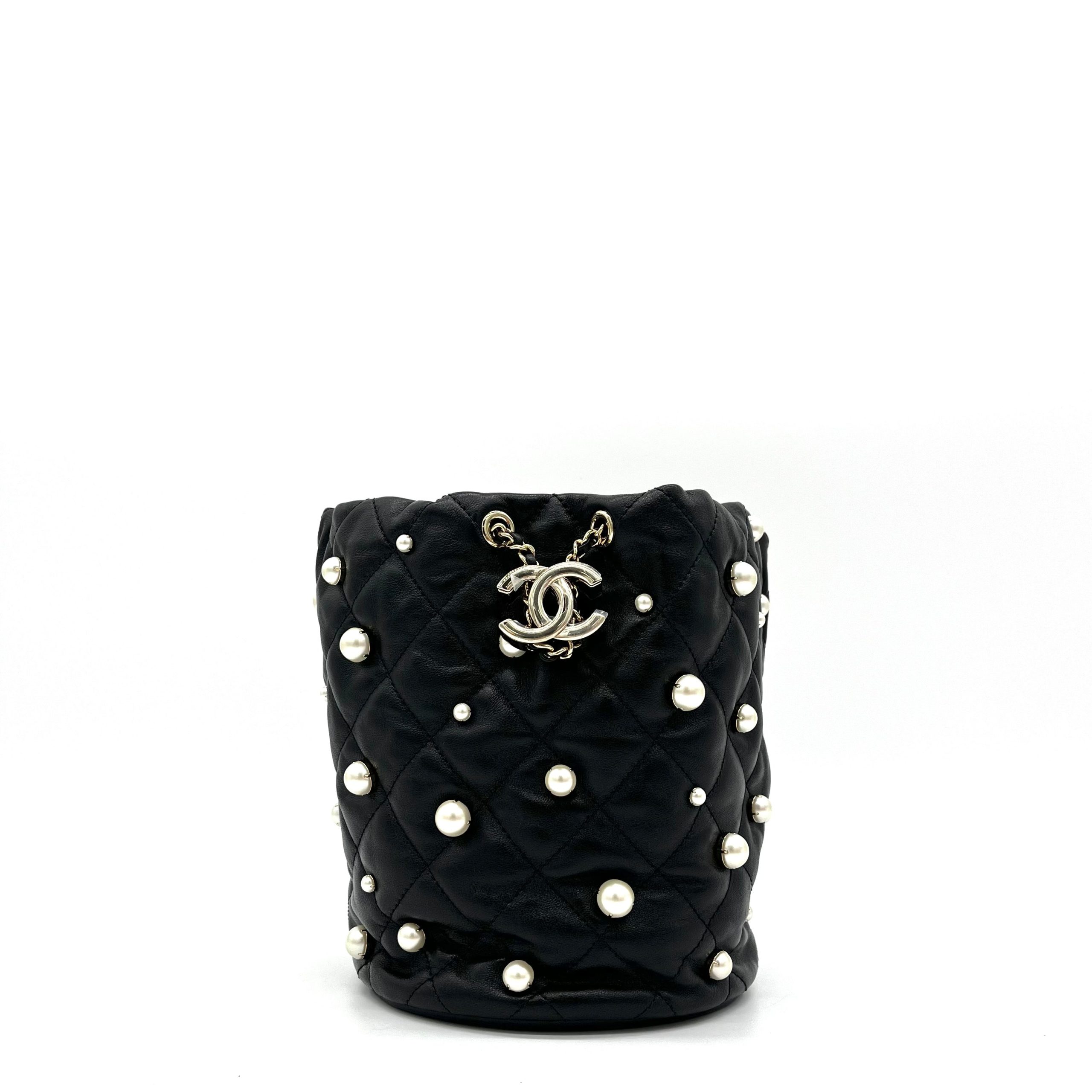 Chanel Lambskin Quilted Pearl About Pearls Drawstring Bag Black 2021