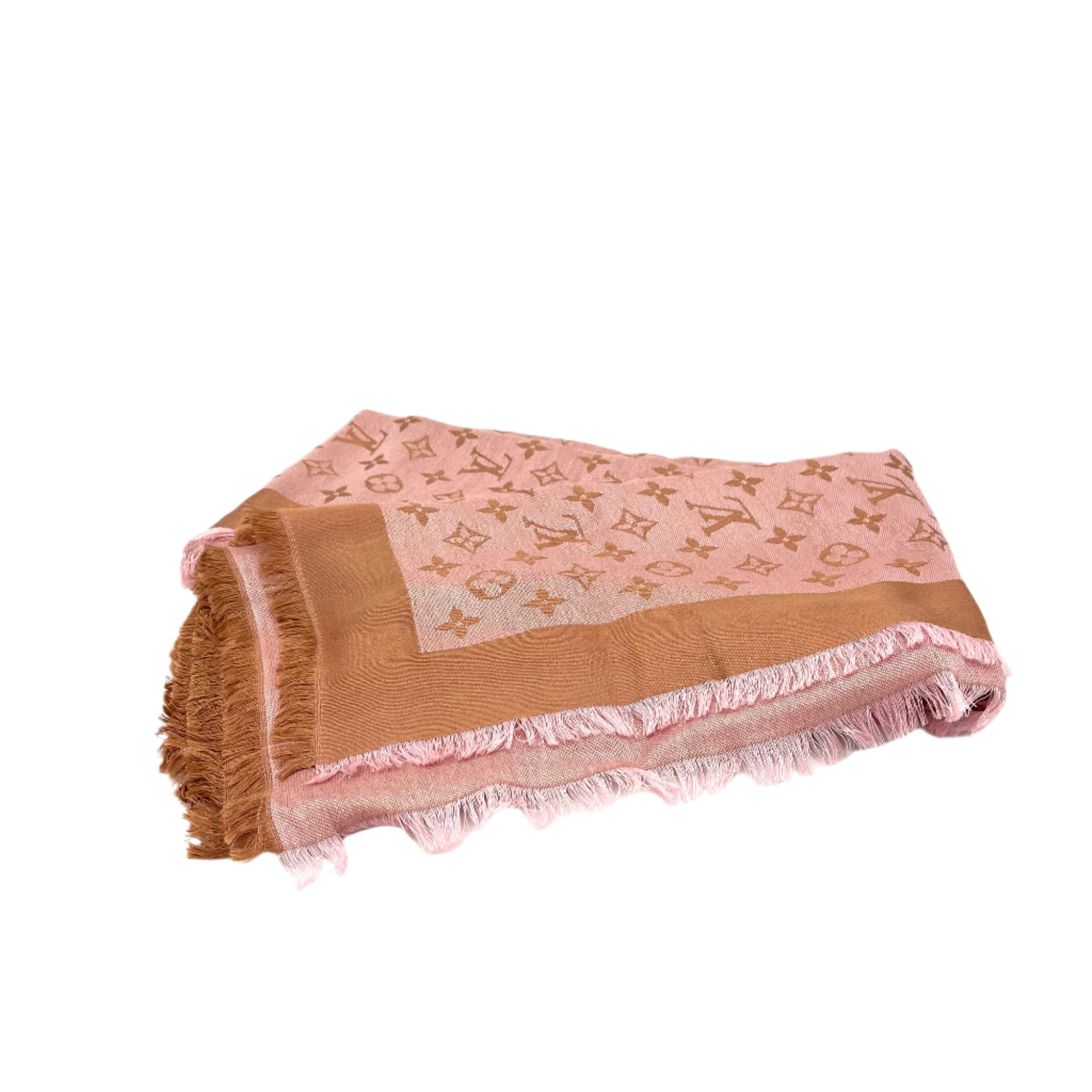 [Brand New] Louis Vuitton Silk Wool Monogram Denim Shawl Beige Pink